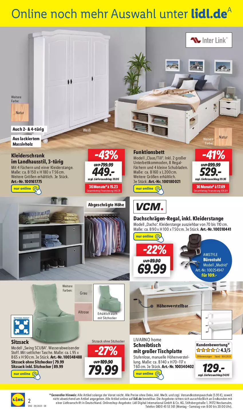 Aktueller Prospekt Lidl - Aktionsprospekt - von 17.07 bis 22.07.2023 - strona 58 - produkty: angebot, angebote, bett, dell, eis, elle, hocker, Holz, HP, kleid, kleider, kleiderschrank, kommode, lack, latte, leine, massivholz, Mode, natur, ndk, regal, reis, rel, sac, Schal, Schale, Schrank, schreibtisch, schubladen, stuhl, Tasche, telefon, Ti, tisch, tischplatte, uhr, wasser