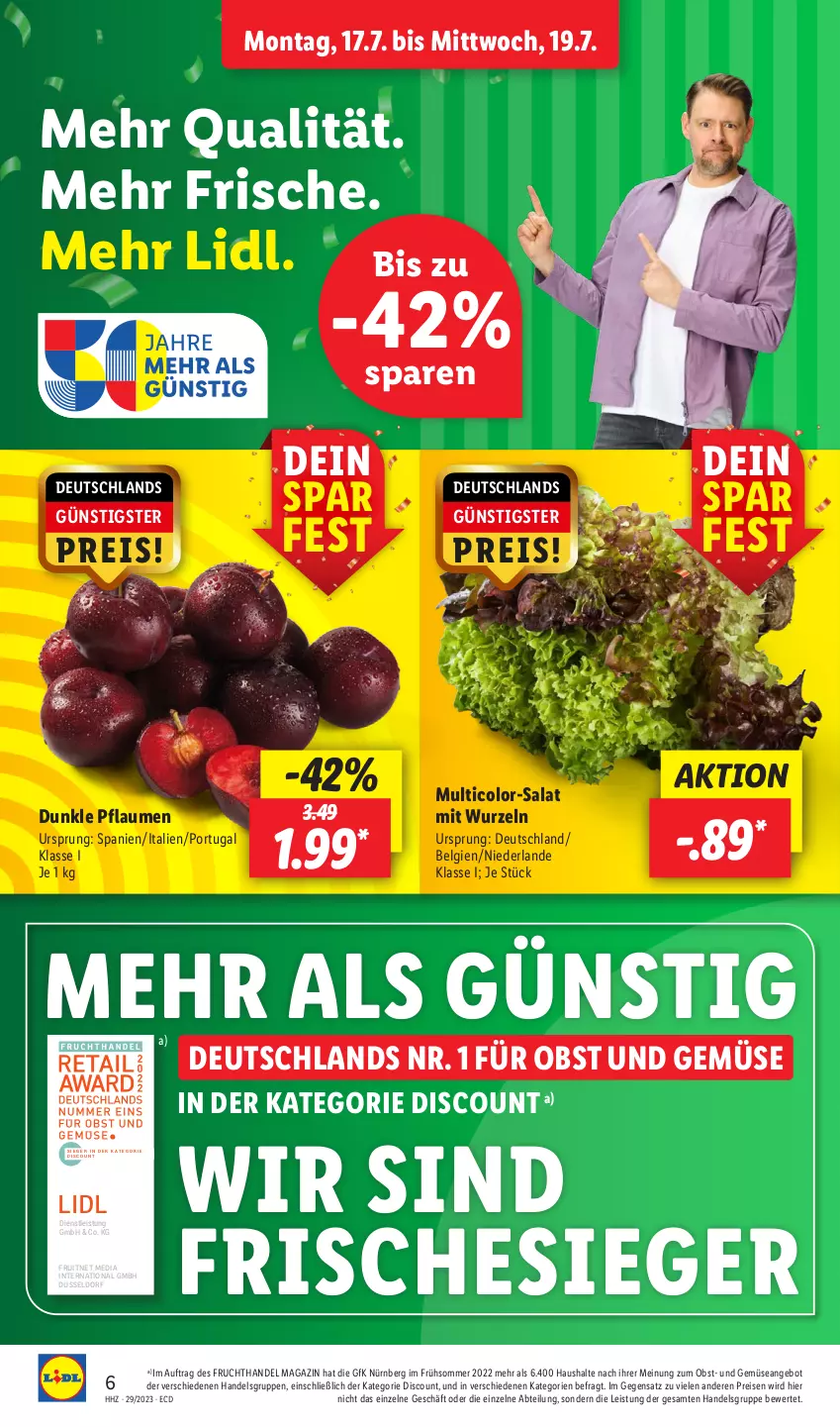 Aktueller Prospekt Lidl - Aktionsprospekt - von 17.07 bis 22.07.2023 - strona 6 - produkty: Abtei, angebot, discount, eis, ente, frucht, LG, magazin, obst, Obst und Gemüse, pflaume, pflaumen, reis, salat, Ti, und gemüse