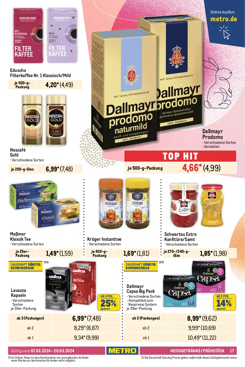 Aktueller Prospekt Metro - Food - NonFood - von 07.03 bis 20.03.2024 - strona 17 - produkty: auer, beutel, Cap, chips, chipsfrisch, dallmayr, dallmayr capsa, dallmayr prodomo, eduscho, eis, erdnüsse, espresso, ferrero, filterkaffee, Funny Frisch, getränk, getränke, haribo, Instanttee, kaffee, konfitüre, krüger, Kugel, lavazza, lindor, lindt, Meßmer, Metro, Nescafé, nescafé gold, nespresso, Pick Up!, prodomo, reis, salz, Schwartau, tee, Ti