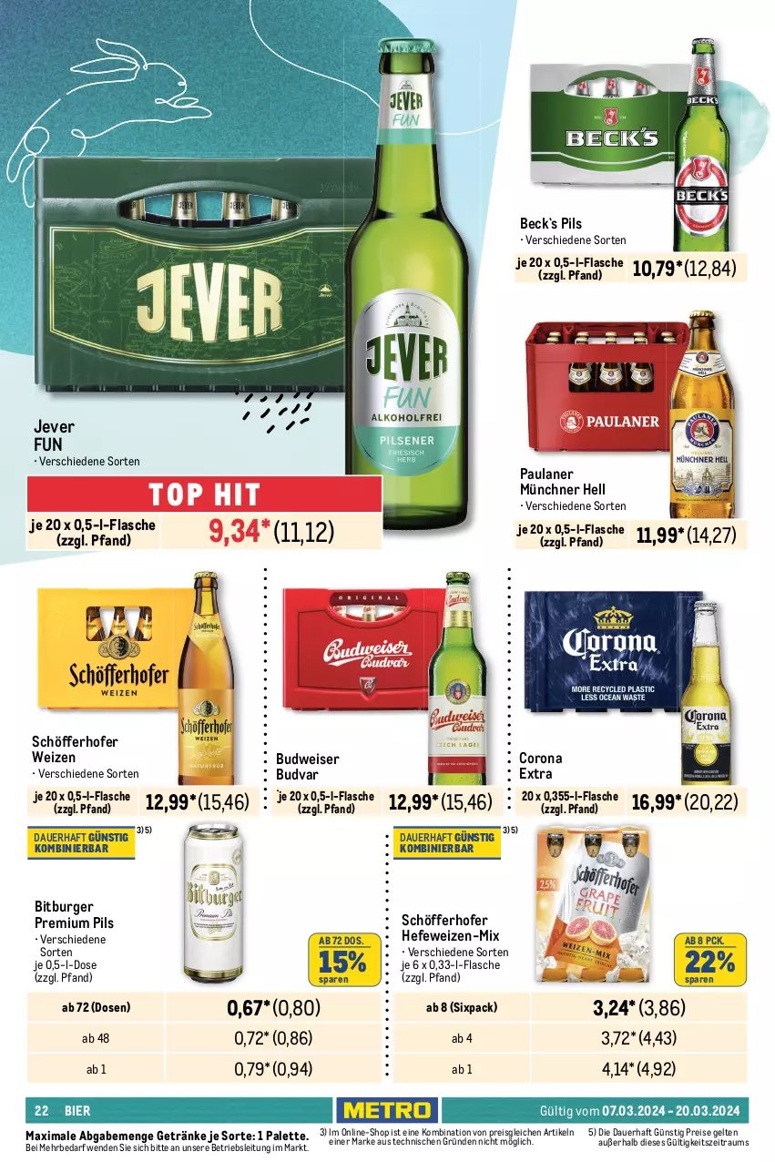 Aktueller Prospekt Metro - Food - NonFood - von 07.03 bis 20.03.2024 - strona 22 - produkty: alkohol, alkoholfreie getränke, Alwa, auer, bier, bio, bionade, bitburger, budweiser, burger, coca-cola, cola, corona, corona extra, eis, eistee, fever-tree, flasche, gerolsteine, gerolsteiner, getränk, getränke, Hefe, hefeweizen, jever, Metro, mineralwasser, Palette, Paula, paulaner, pils, premium pils, reis, säfte, schöfferhofer, Staatl. Fachingen, steiner, tee, Ti, valensina, wasser