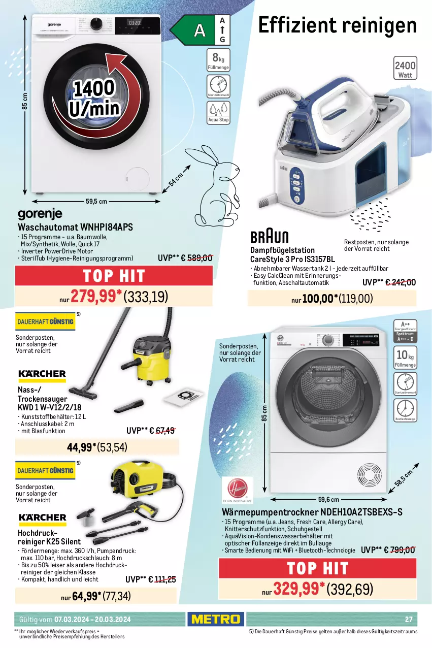 Aktueller Prospekt Metro - Food - NonFood - von 07.03 bis 20.03.2024 - strona 27 - produkty: adapter, akku, aqua, auer, auto, Bau, baumwolle, Behälter, bodenstaubsauger, bügel, Bügelstation, dampfbügelstation, eis, Elektro, elle, hochdruckreiniger, HP, jeans, K2, kraft, Metro, Pinsel, reiniger, Reinigung, reis, rum, Schal, schlauch, sonderposten, Spektrum, staubsauger, teller, Ti, tisch, Trockensauger, Trockner, wandhalterung, wärmepumpentrockner, wasser, wassertank, wolle