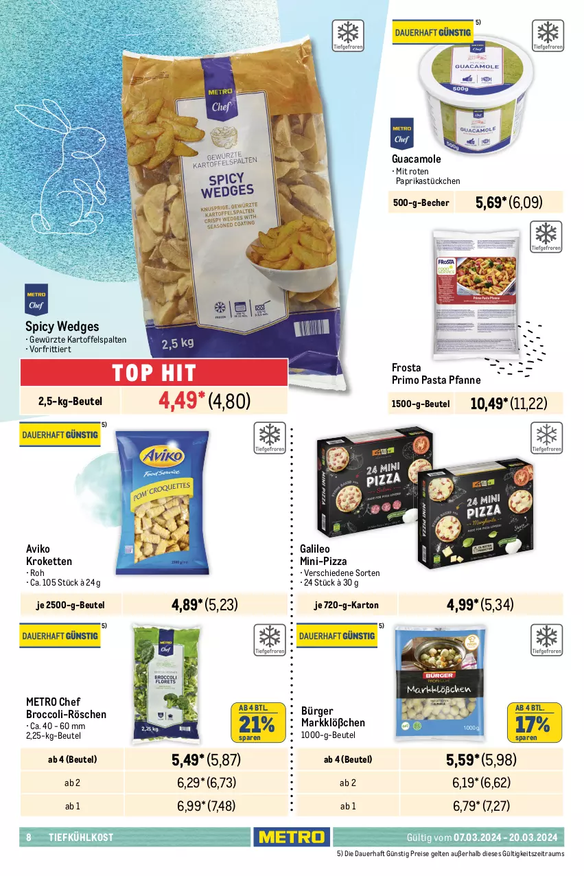 Aktueller Prospekt Metro - Food - NonFood - von 07.03 bis 20.03.2024 - strona 8 - produkty: apostels, auer, bacon, basilikum, Becher, beutel, bratwurst, broccoli, eimer, eis, feinkost, fleisch, fleischwurst, frosta, Geflügel, Geflügel-Fleischwurst, gewürz, guacamole, gurke, gutfried, kartoffel, kartoffelsalat, Kette, Kroketten, landjäger, Metro, paprika, pasta, pfanne, pizza, Popp, prosciutto, Prosciutto di Parma, reis, ring, rostbratwurst, salat, schinken, schnitten, sour cream, thüringer rostbratwurst, Ti, tiefkühlkost, wedges, würfel, wurst, ZTE