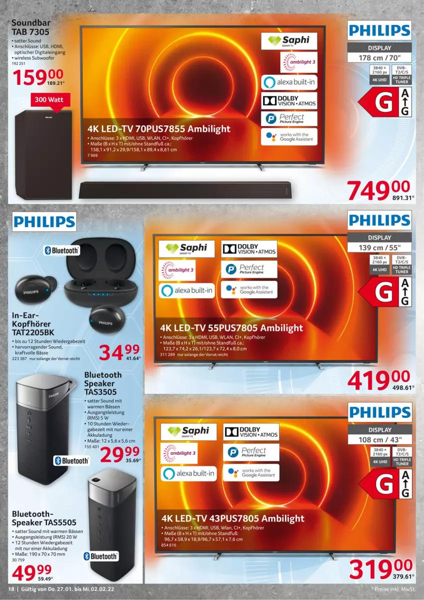 Aktueller Prospekt Selgros - Vorschau:
            Nonfood - von 27.01 bis 02.02.2022 - strona 18 - produkty: akku, alexa, dvb, eis, HDMI, Hefte, kopfhörer, Philips, rel, Subwoofer, tee, Ti, tisch, usb