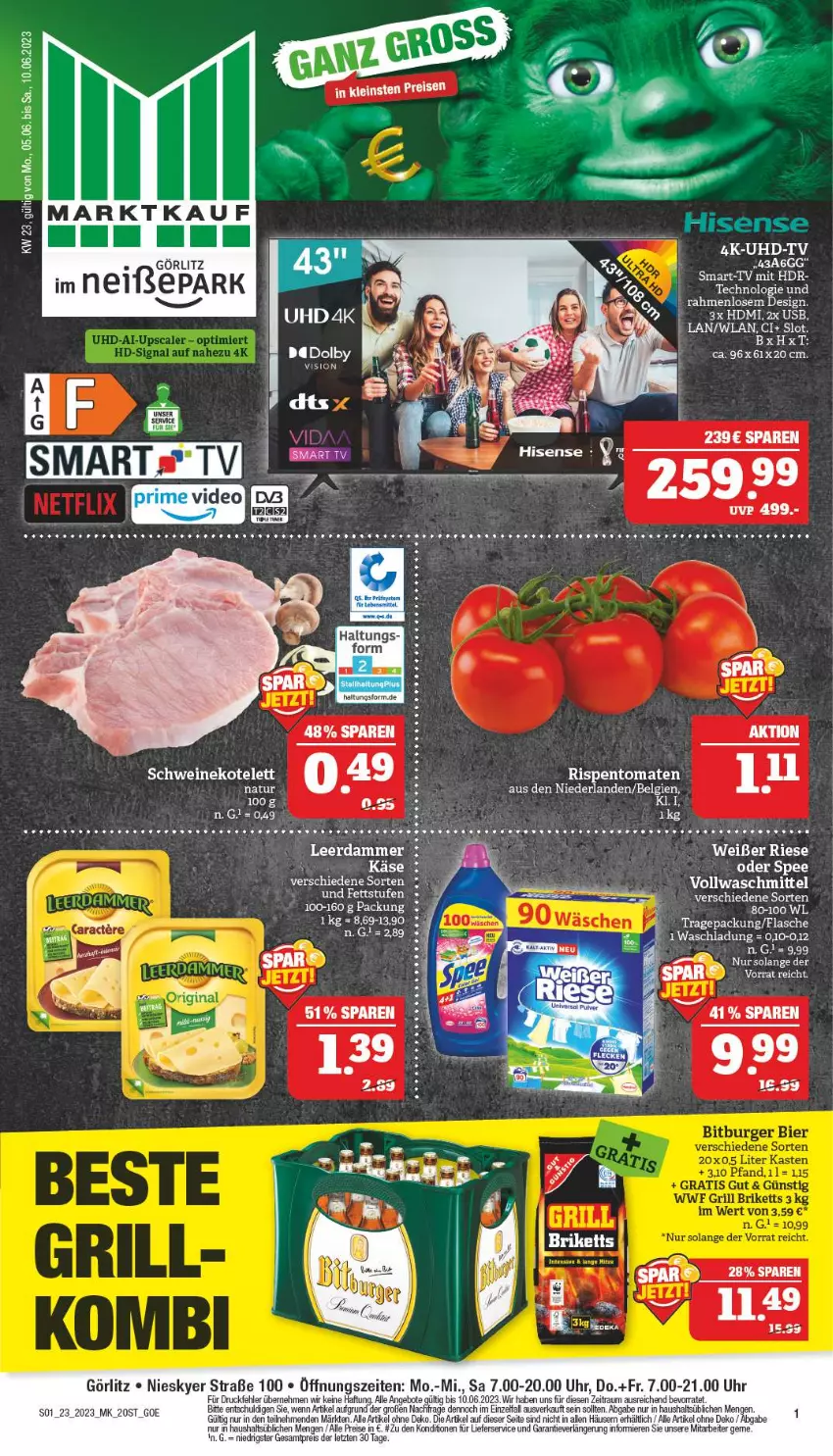 Aktueller Prospekt Marktkauf - Prospekt - von 04.06 bis 10.06.2023 - strona 1 - produkty: angebot, angebote, eis, flasche, Käse, kotelett, leerdammer, LG, lieferservice, natur, reis, rel, schwein, schweine, schweinekotelett, spee, Ti, uhd, UHD-TV, uhr, wein, weine, ZTE