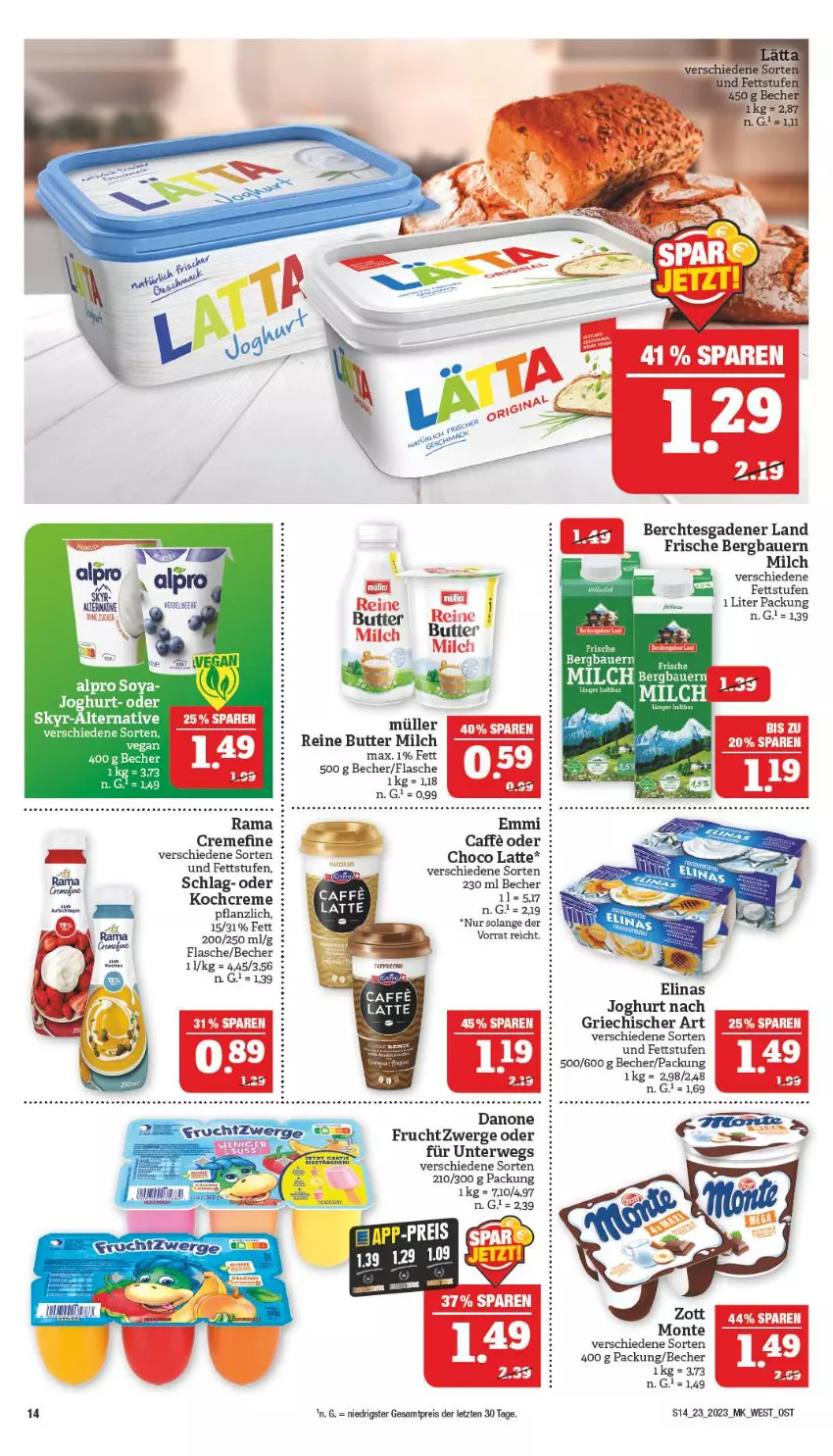 Aktueller Prospekt Marktkauf - Prospekt - von 04.06 bis 10.06.2023 - strona 14 - produkty: alpro, auer, Bau, Bauer, Becher, butter, caffe, creme, danone, danone fruchtzwerge, eier, eis, elinas, elinas joghurt, emmi, flasche, frucht, fruchtzwerge, joghur, joghurt, joghurt nach, Kochcreme, latte, milch, monte, Müller, rama, rama cremefine, reis, rwe, Skyr, soya, Ti, ZTE