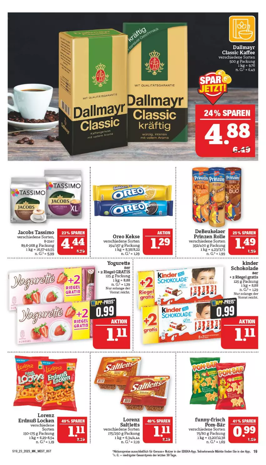 Aktueller Prospekt Marktkauf - Prospekt - von 04.06 bis 10.06.2023 - strona 19 - produkty: aktionspreis, dallmayr, debeukelaer, deka, eis, funny-frisch, jacobs, jacobs tassimo, kaffee, keks, kekse, Kinder, LG, lorenz, nuss, oreo, pom-bär, prinzen rolle, reis, riegel, saltletts, schoko, schokolade, sim, tassimo, tee, Ti, Yo, yogurette, ZTE