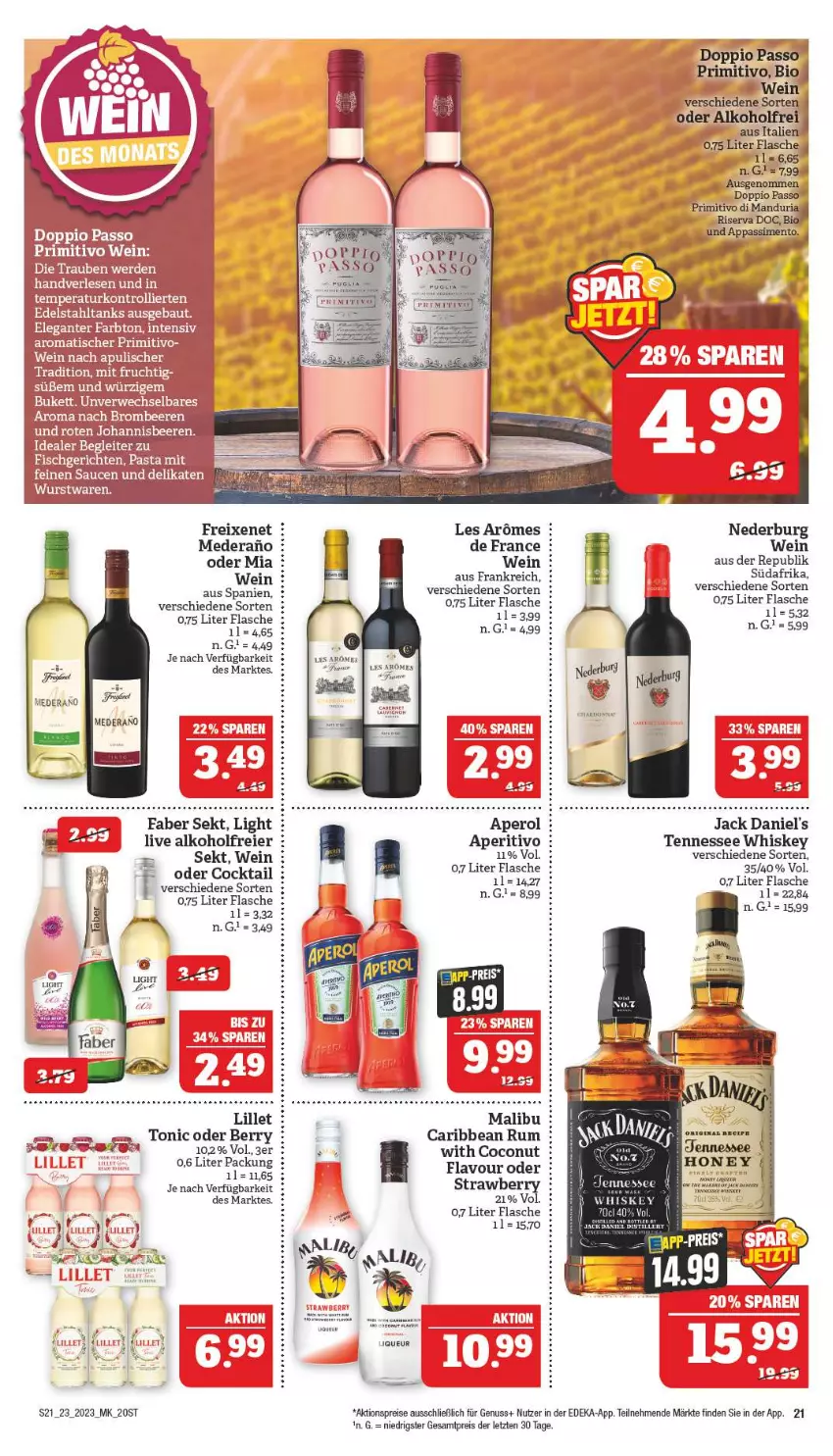 Aktueller Prospekt Marktkauf - Prospekt - von 04.06 bis 10.06.2023 - strona 21 - produkty: aktionspreis, alkohol, aperol, bio, cocktail, coconut, deka, doppio passo, eier, eis, flasche, freixenet, jack daniel, jack daniel's, lillet, Malibu, nederburg, nuss, passo, primitivo, reis, rum, sauce, saucen, sekt, tennessee whiskey, Ti, tonic, wein, whiskey, ZTE