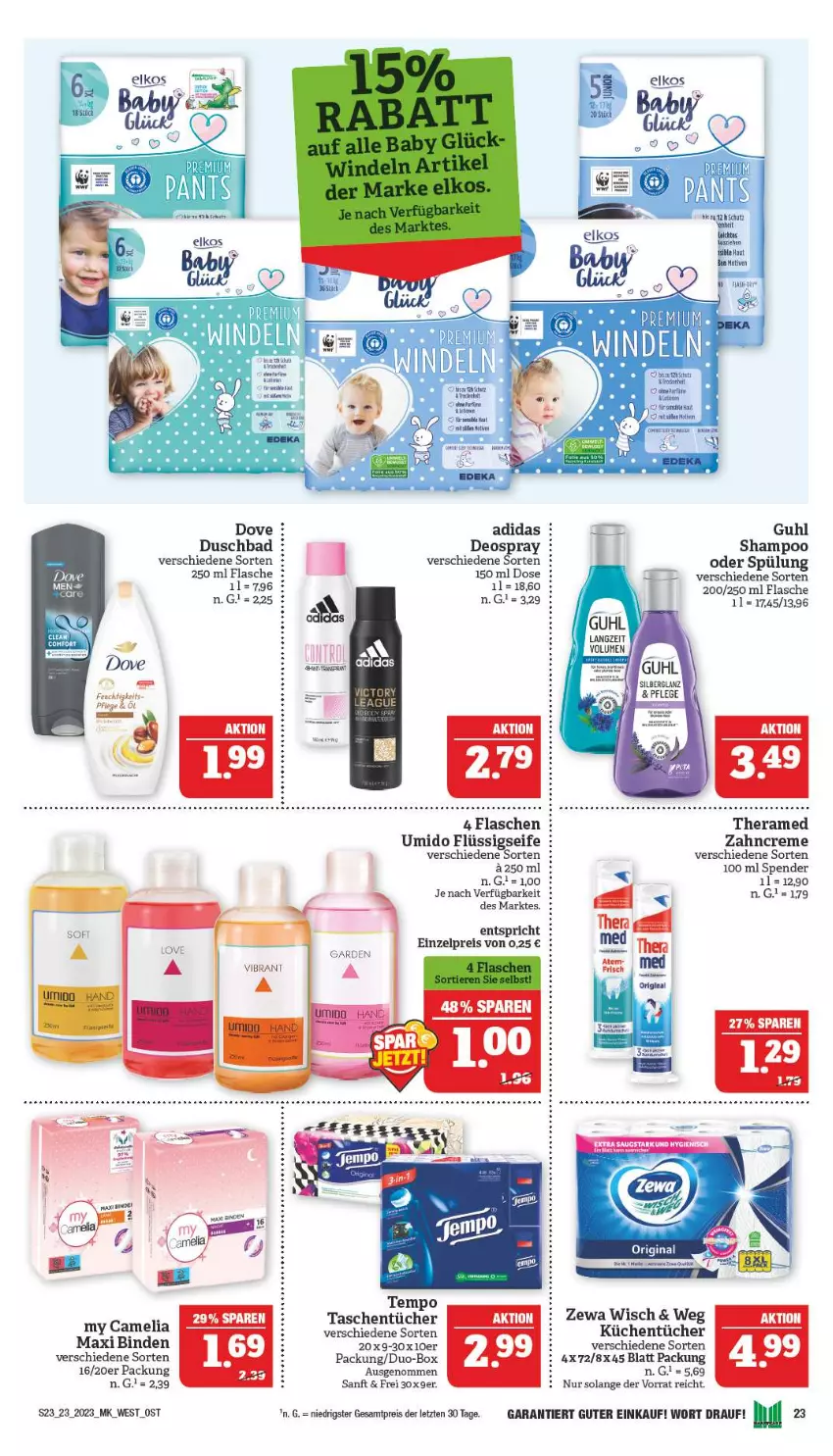 Aktueller Prospekt Marktkauf - Prospekt - von 04.06 bis 10.06.2023 - strona 23 - produkty: Adidas, Bad, binden, camelia, creme, deo, deospray, dove, duschbad, eis, elkos, flasche, flüssigseife, Guhl, küche, Küchen, küchentücher, LG, reis, Seife, shampoo, spülung, Tasche, taschen, taschentücher, Tempo, theramed, Ti, tücher, zahncreme, zewa, ZTE