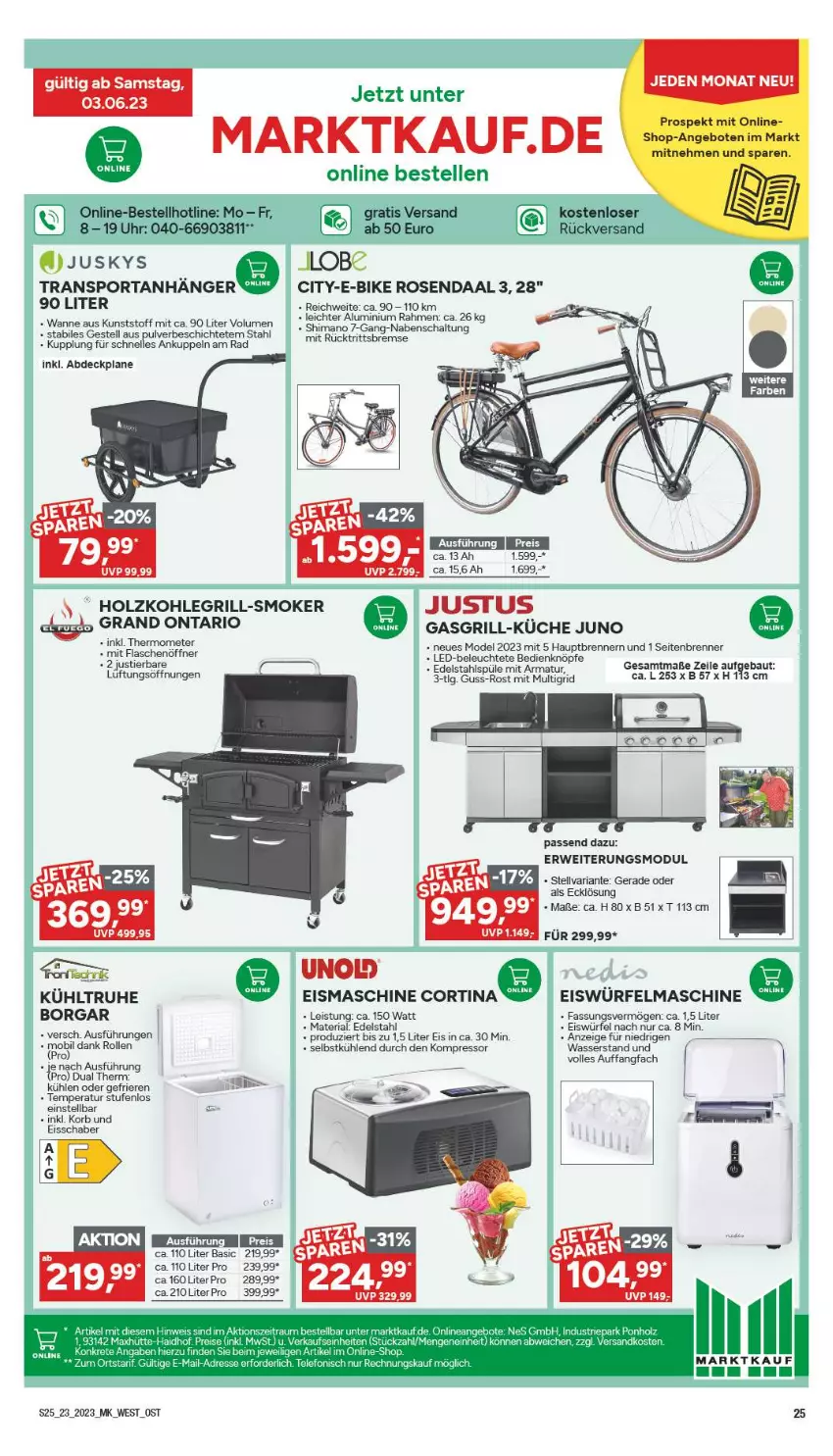 Aktueller Prospekt Marktkauf - Prospekt - von 04.06 bis 10.06.2023 - strona 25 - produkty: abdeckplane, angebot, angebote, armatur, Bau, E-Bike, edelstahl, eis, eismaschine, eiswürfel, elle, flasche, flaschenöffner, gasgrill, grill, Holz, holzkohle, holzkohlegrill, Kohlegrill, kompressor, korb, küche, Leuchte, LG, Mode, ndk, reis, Ria, rosen, rwe, Schal, shimano, Sport, Stier, telefon, thermometer, Ti, uhr, Wanne, wasser, würfel