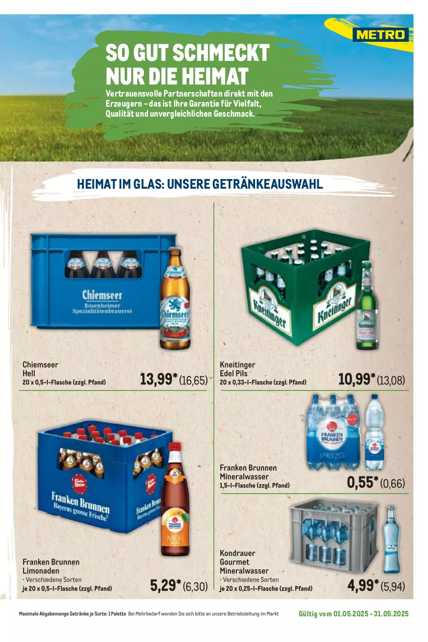 Aktueller Prospekt Metro - Regionaler Flyer - von 01.05 bis 31.05.2025 - strona 107 - produkty: Alwa, auer, brunnen, flasche, franken brunnen, getränk, getränke, limo, limonade, limonaden, mac, mineralwasser, Palette, pils, Ti, wasser