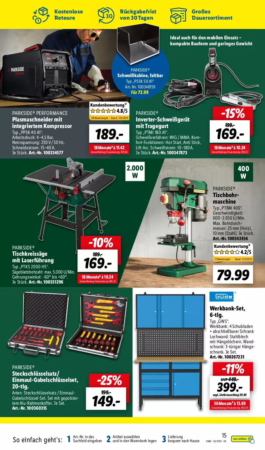 Aktueller Prospekt Lidl - Oktober-Highlights im Onlineshop - von 01.10 bis 31.10.2023 - strona 15 - produkty: auer, Bank, Bau, eis, gabel, gsw, hängeschrank, Holz, koffer, kompressor, korb, LG, messer, Parkside, Plasmaschneider, reis, reiss, ring, säge, Schrank, schubladen, Steckschlüsselsatz, Ti, tisch, Tischbohrmaschine, Tischkreissäge, Wandschrank