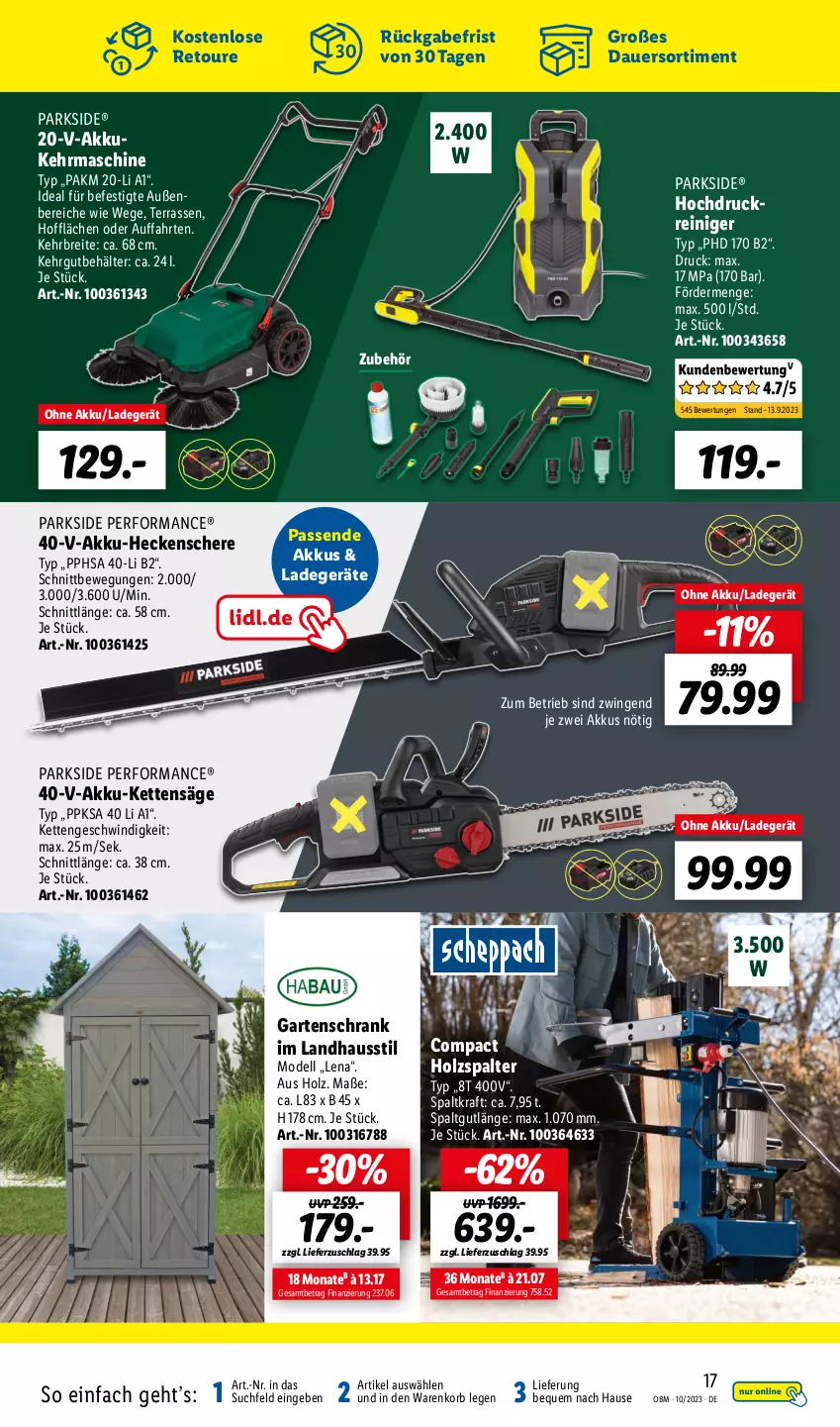 Aktueller Prospekt Lidl - Oktober-Highlights im Onlineshop - von 01.10 bis 31.10.2023 - strona 17 - produkty: akku, akku-heckenschere, auer, Behälter, Brei, dell, Garten, heckenschere, Holz, Holzspalter, Kette, korb, kraft, ladegerät, Mode, Parkside, reiniger, säge, Schere, Schrank, Ti