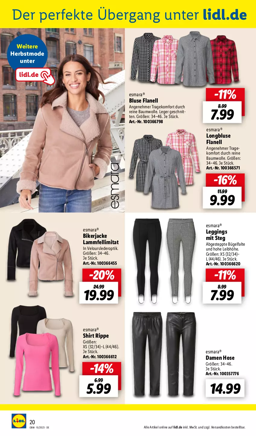 Aktueller Prospekt Lidl - Oktober-Highlights im Onlineshop - von 01.10 bis 31.10.2023 - strona 20 - produkty: Bau, baumwolle, bluse, bügel, esmara, gin, hose, Jacke, lamm, Lammfell, leggings, Mode, ndk, reine baumwolle, schnitten, shirt, Ti, wolle