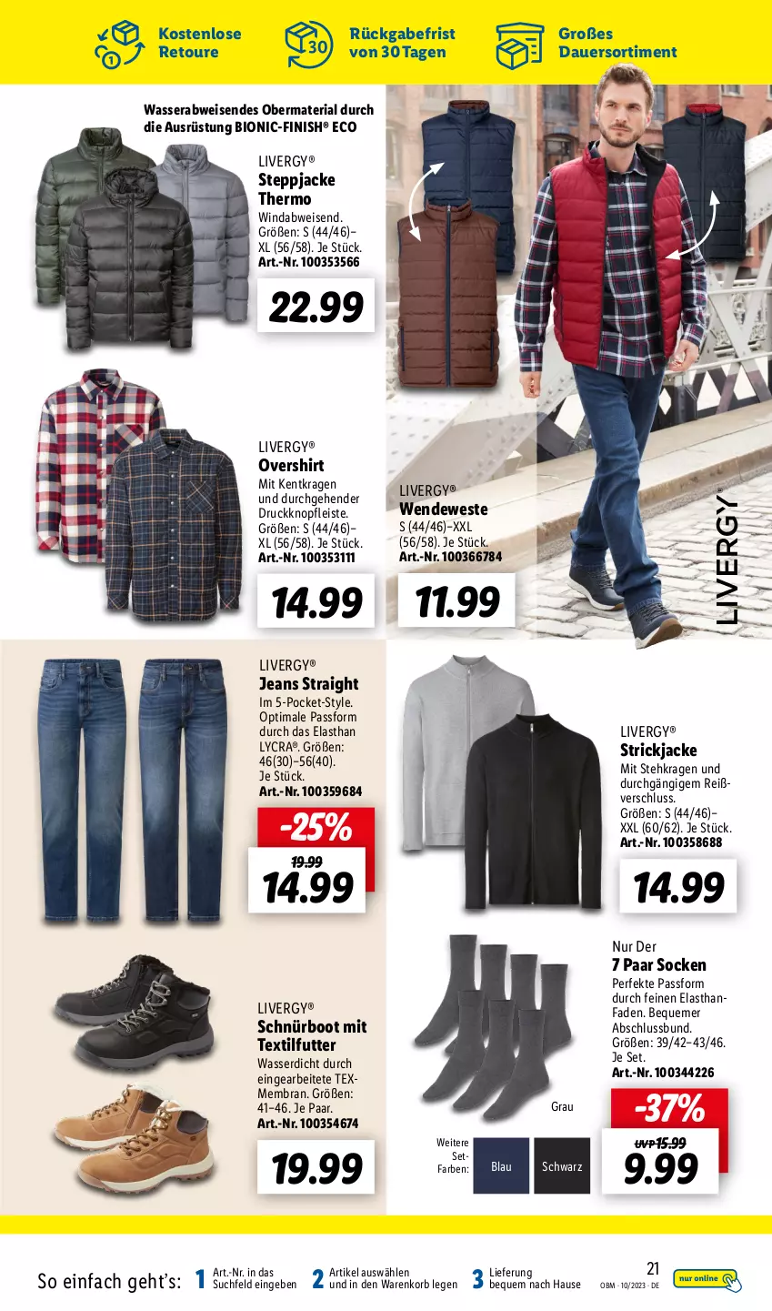 Aktueller Prospekt Lidl - Oktober-Highlights im Onlineshop - von 01.10 bis 31.10.2023 - strona 21 - produkty: auer, bio, eis, Finish, Jacke, jeans, korb, livergy, Ria, shirt, socken, Steppjacke, Strickjacke, Ti, wasser, Weste