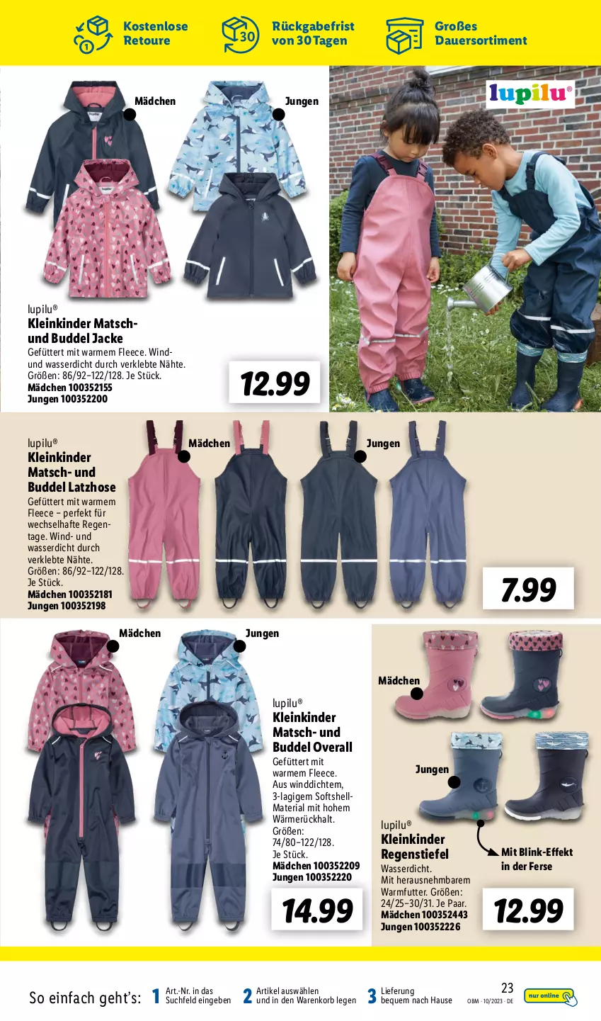 Aktueller Prospekt Lidl - Oktober-Highlights im Onlineshop - von 01.10 bis 31.10.2023 - strona 23 - produkty: auer, hose, Jacke, Kinder, korb, Latzhose, lupilu, Overall, Ria, Ti, wasser