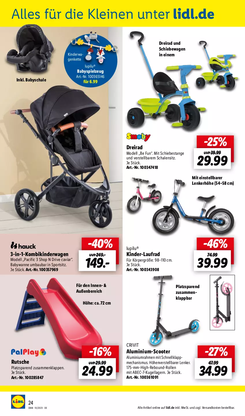 Aktueller Prospekt Lidl - Oktober-Highlights im Onlineshop - von 01.10 bis 31.10.2023 - strona 24 - produkty: Bau, Caviar, Cif, crivit, dell, Dreirad, Kette, Kinder, Kinderwagen, Kugel, Laufrad, leine, lupilu, Mode, ndk, Schal, Schale, scooter, spielzeug, Sport, Ti, Wanne