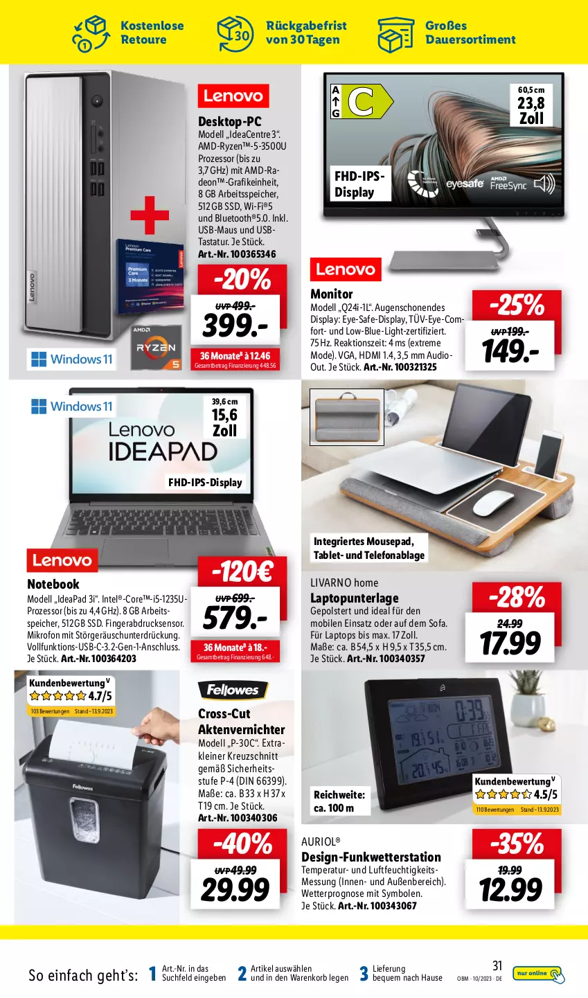 Aktueller Prospekt Lidl - Oktober-Highlights im Onlineshop - von 01.10 bis 31.10.2023 - strona 31 - produkty: Aktenvernichter, auer, dell, deo, Desktop-pc, fingerabdrucksensor, HDMI, Intel, ips-display, korb, Laptop, leine, Maus, Mode, monitor, notebook, radeon, ryzen, Sofa, ssd, tablet, Tastatur, telefon, Ti, usb, Wetterstation