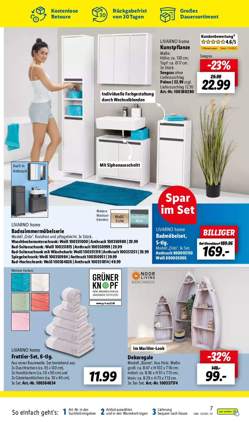 Aktueller Prospekt Lidl - Oktober-Highlights im Onlineshop - von 01.10 bis 31.10.2023 - strona 7 - produkty: auer, Bad, Badmöbel, Bau, baumwolle, Beckenunterschrank, dell, elle, Frottier-Set, hochschrank, Holz, korb, Kunstpflanze, LG, mint, möbel, Mode, pflanze, regal, Schrank, Seitenschrank, spiegel, spiegelschrank, Ti, topf, unterschrank, waschbecken, waschbeckenunterschrank, wäschekorb, wolle