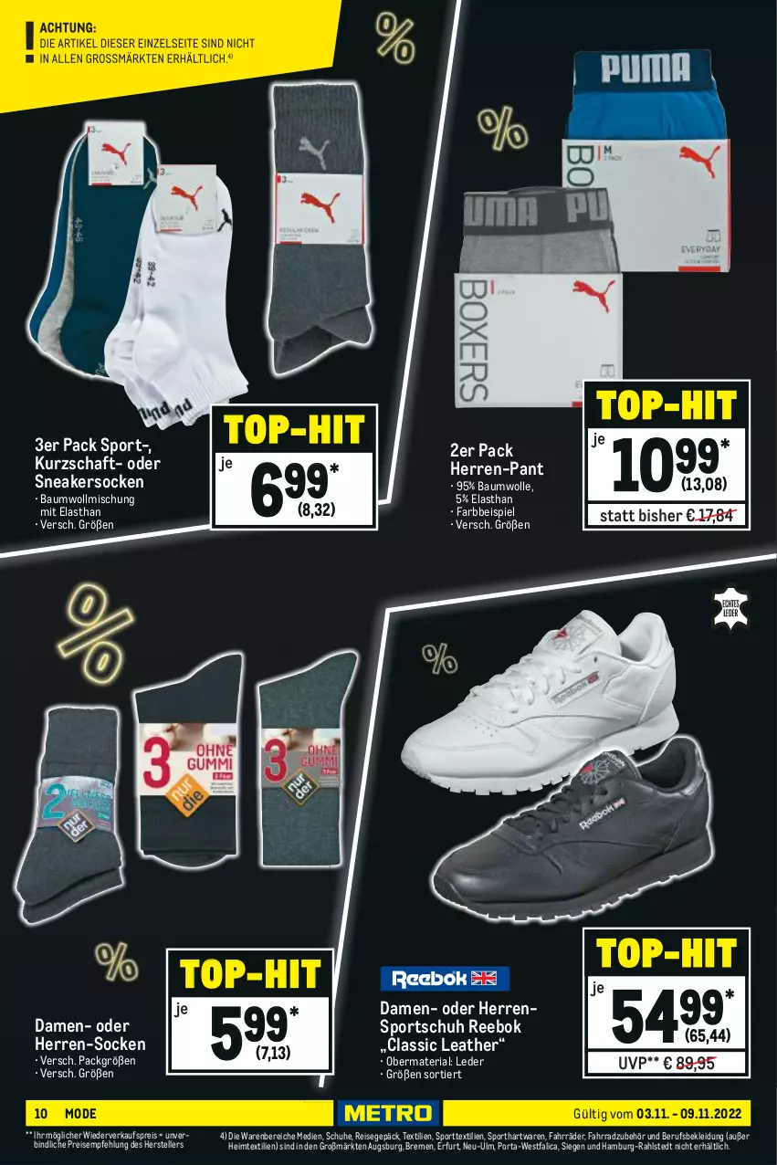 Aktueller Prospekt Metro - NonFood - von 03.11 bis 09.11.2022 - strona 10 - produkty: Bau, baumwolle, baumwollmischung, eis, elle, Fahrrad, heimtextilien, herren-socken, kleid, Kleidung, Mode, Reebok, reis, Ria, schuhe, sneaker, sneakersocken, socken, Sport, teller, Ti, top-hit, wolle