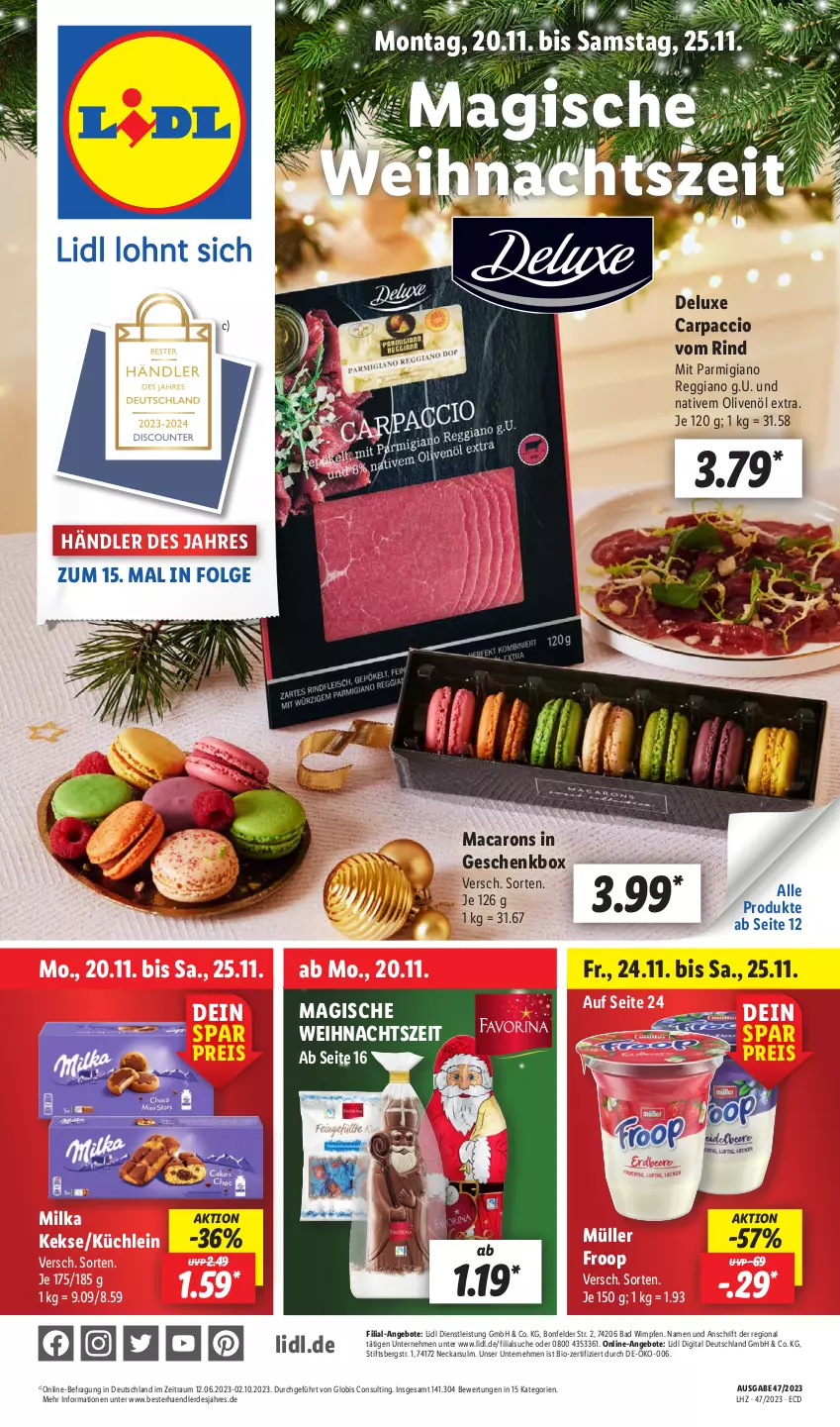 Aktueller Prospekt Lidl - Aktionsprospekt - von 20.11 bis 25.11.2023 - strona 1 - produkty: ACC, angebot, angebote, Bad, bio, Carpaccio, eis, erde, froop, Geschenkbox, keks, kekse, LG, mac, Macarons, milka, Müller, müller froop, olive, oliven, olivenöl, olivenöl extra, parmigiano, parmigiano reggiano, reggiano, reis, rind, Ti