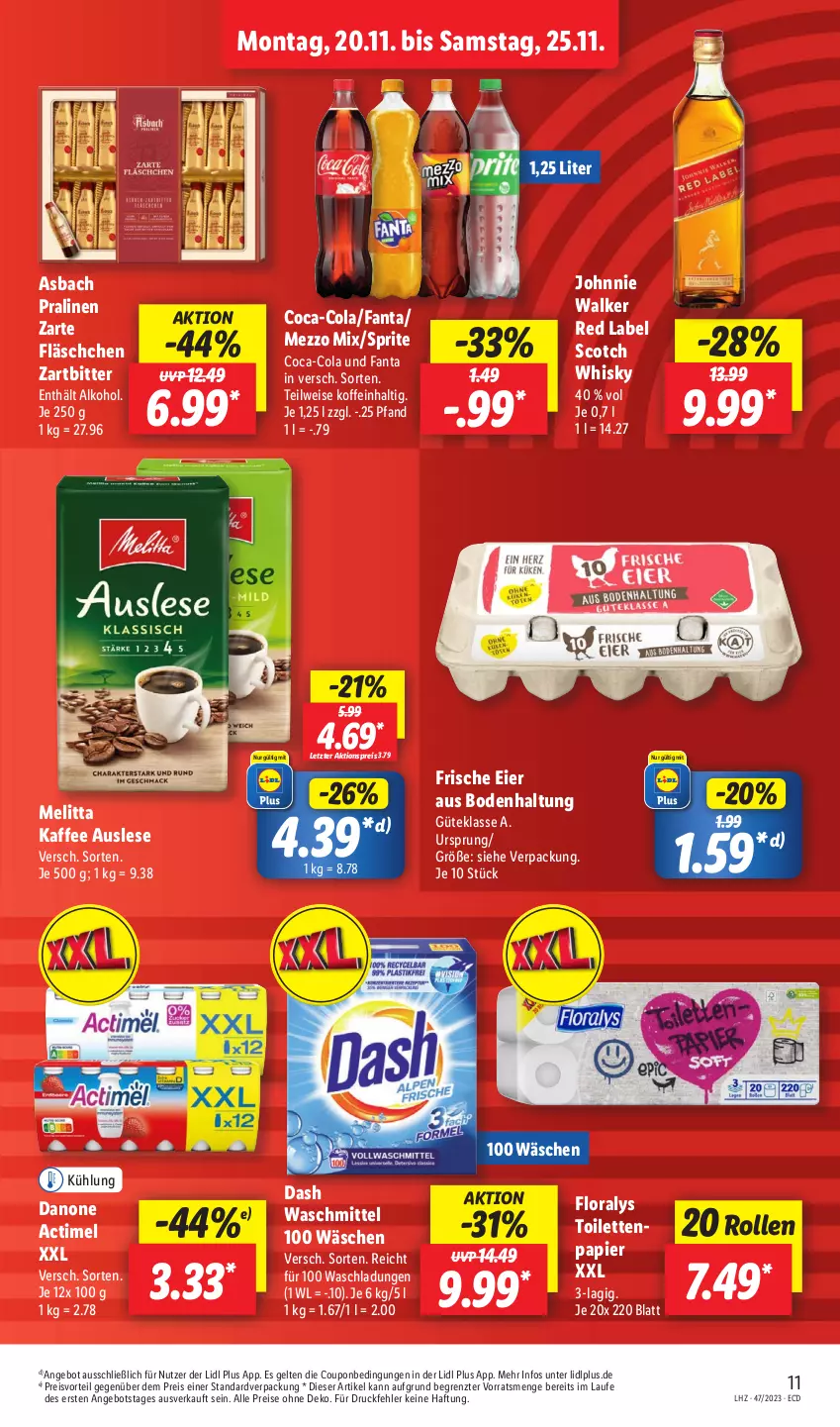 Aktueller Prospekt Lidl - Aktionsprospekt - von 20.11 bis 25.11.2023 - strona 11 - produkty: actimel, aktionspreis, alkohol, angebot, coca-cola, cola, coupon, danone, eier, eis, fanta, Floralys, johnnie walker, kaffee, melitta, Mezzo Mix, papier, pralinen, preisvorteil, reis, scotch, scotch whisky, sprite, Ti, waschmittel, whisky, ZTE