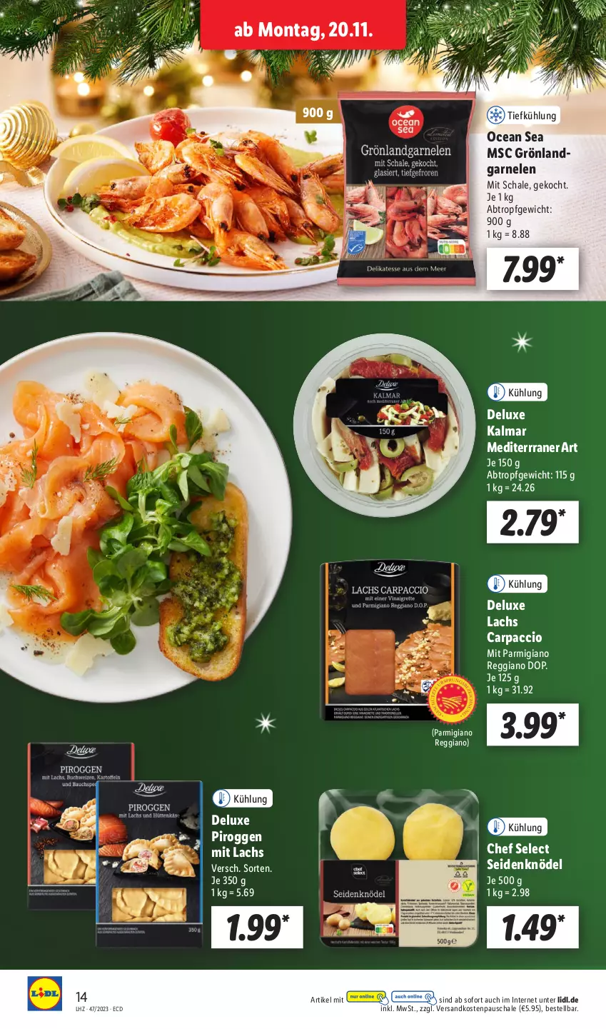 Aktueller Prospekt Lidl - Aktionsprospekt - von 20.11 bis 25.11.2023 - strona 16 - produkty: ACC, Carpaccio, garnelen, Knödel, lachs, ndk, parmigiano, parmigiano reggiano, reggiano, Schal, Schale, Ti