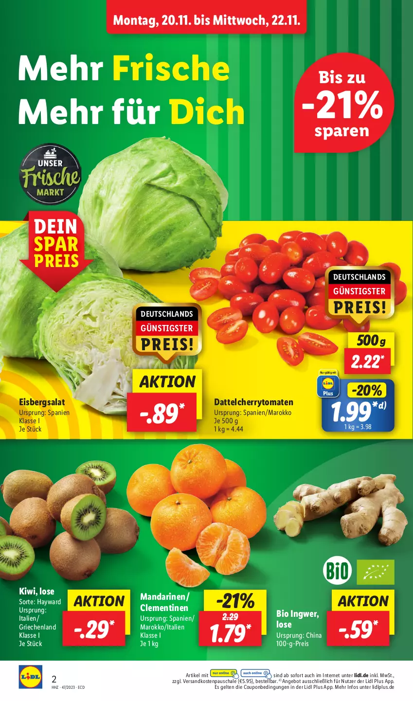 Aktueller Prospekt Lidl - Aktionsprospekt - von 20.11 bis 25.11.2023 - strona 2 - produkty: angebot, bio, cherrytomaten, clementinen, coupon, eis, eisbergsalat, ingwer, kiwi, mandarine, mandarinen, ndk, reis, salat, Schal, Schale, Ti, tomate, tomaten