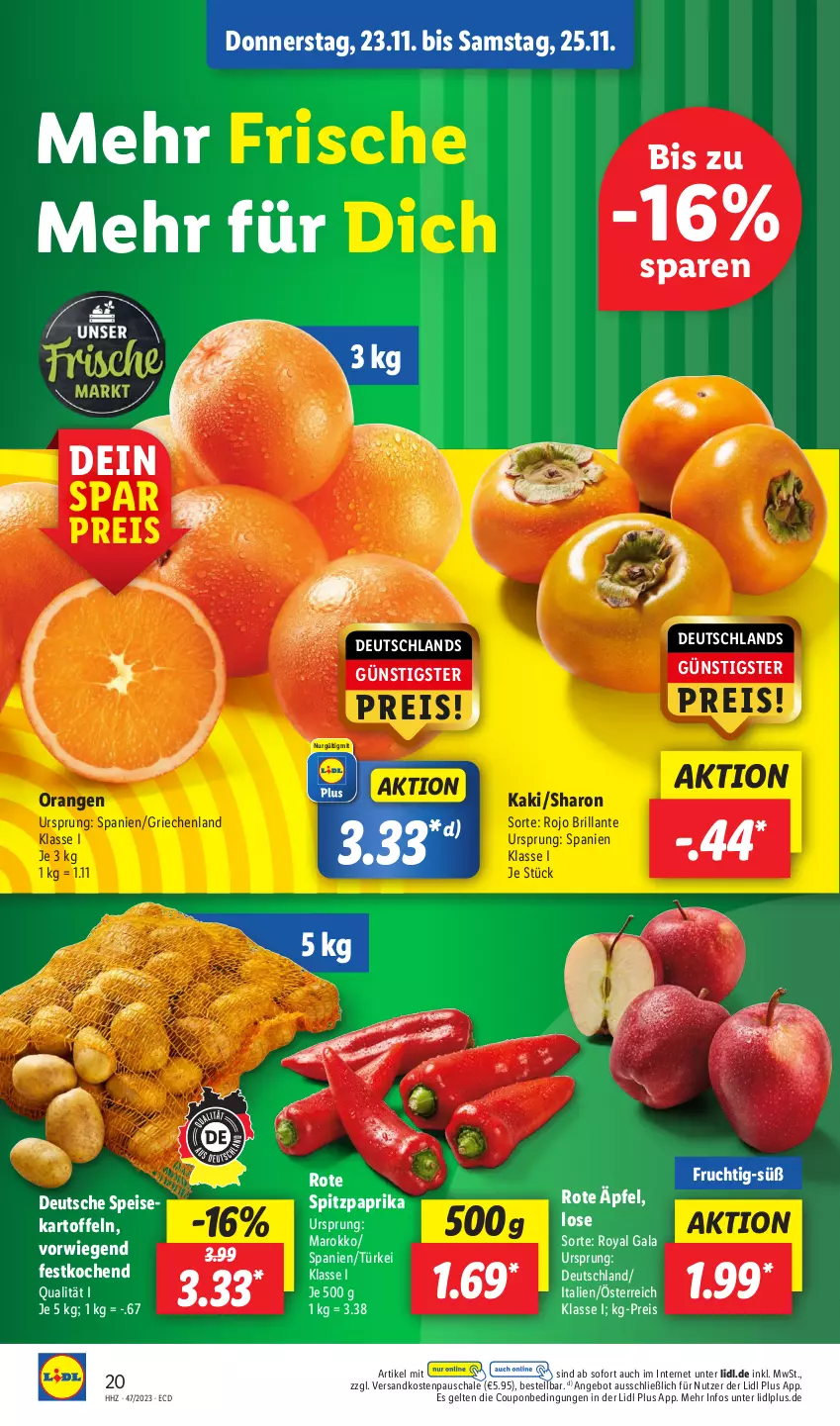 Aktueller Prospekt Lidl - Aktionsprospekt - von 20.11 bis 25.11.2023 - strona 24 - produkty: angebot, coupon, eis, frucht, Kaki, kartoffel, kartoffeln, ndk, orange, orangen, paprika, reis, Schal, Schale, speisekartoffeln, Spitzpaprika, Ti