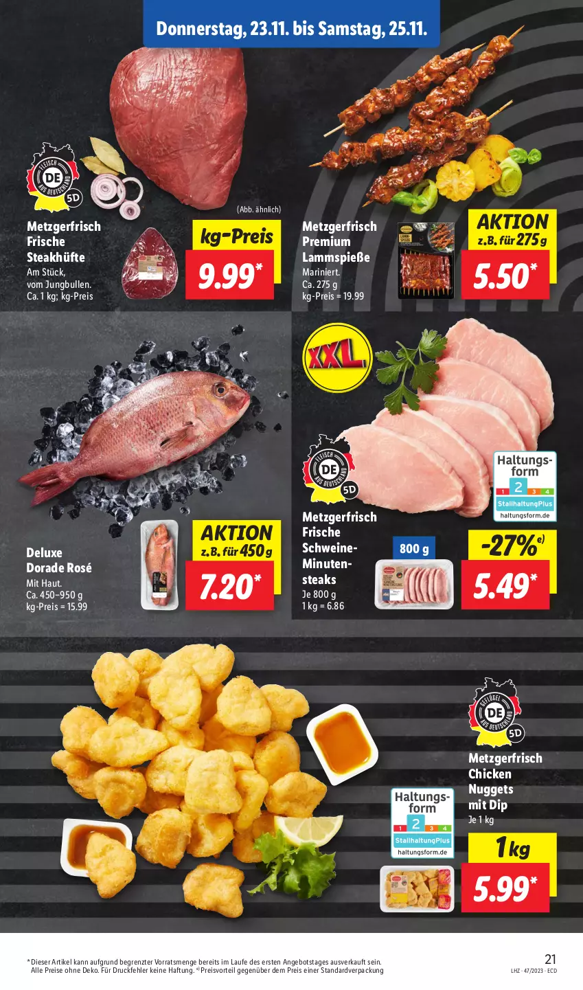 Aktueller Prospekt Lidl - Aktionsprospekt - von 20.11 bis 25.11.2023 - strona 25 - produkty: angebot, chicken nuggets, dip, Dorade, eis, jungbullen, lamm, Lammspieße, minutensteaks, nuggets, preisvorteil, reis, schwein, schweine, steak, steakhüfte, steaks, Ti, wein, weine, ZTE