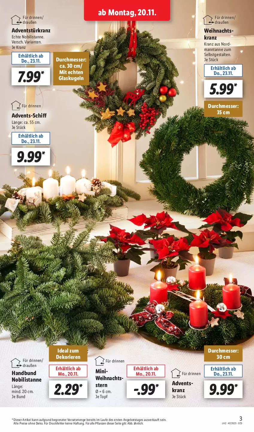 Aktueller Prospekt Lidl - Aktionsprospekt - von 20.11 bis 25.11.2023 - strona 3 - produkty: Adventskranz, angebot, eis, Glaskugel, Kranz, Kugel, messer, pflanze, pflanzen, reis, Ria, Ti, topf, Türkranz, Weihnachtskranz, Weihnachtsstern, ZTE