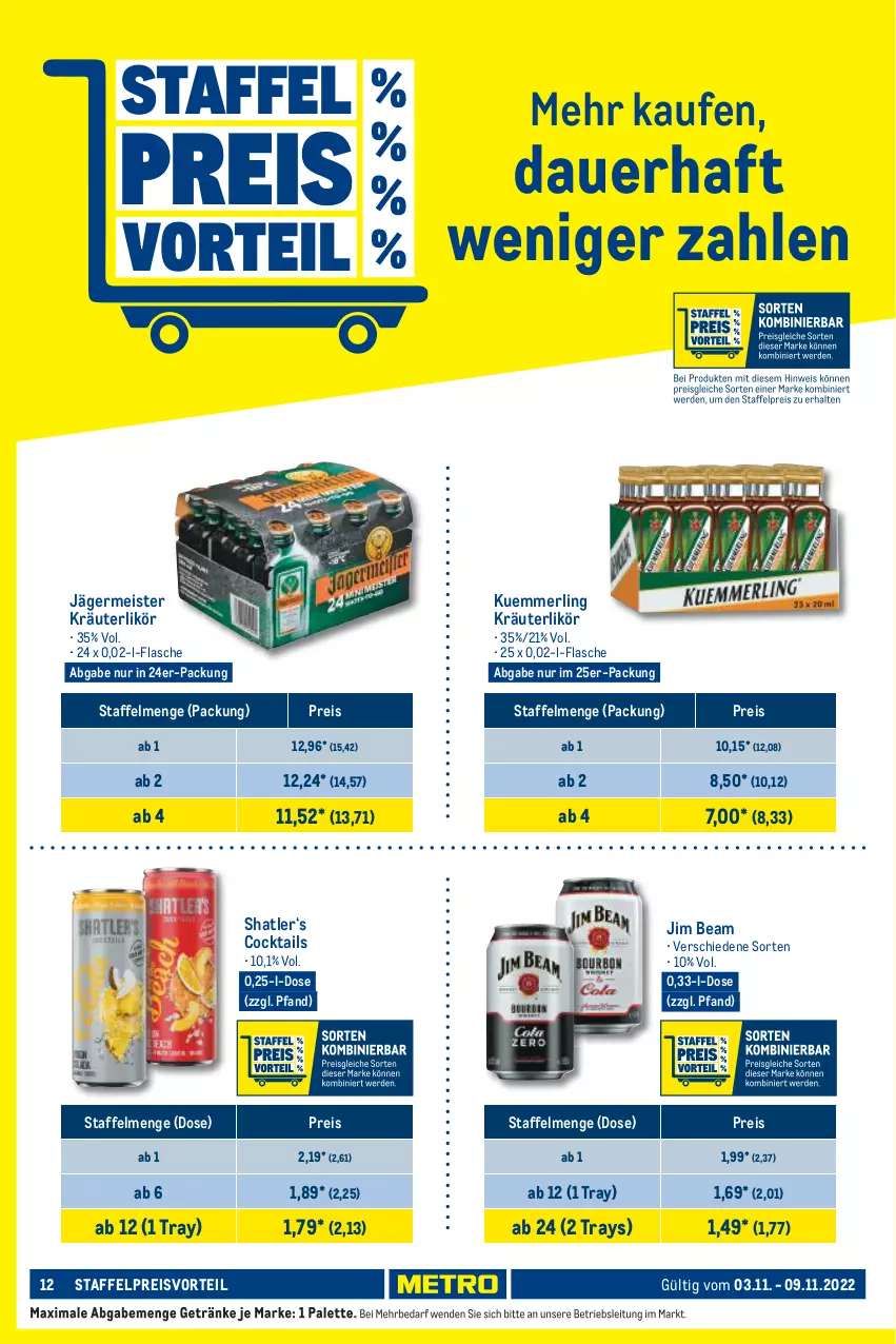 Aktueller Prospekt Metro - Food - von 03.11 bis 09.11.2022 - strona 12 - produkty: auer, cocktail, cocktails, eis, flasche, Germ, getränk, getränke, jägermeister, jim beam, kräuter, kräuterlikör, kuemmerling, likör, Meister, merl, Palette, preisvorteil, reis, Ti