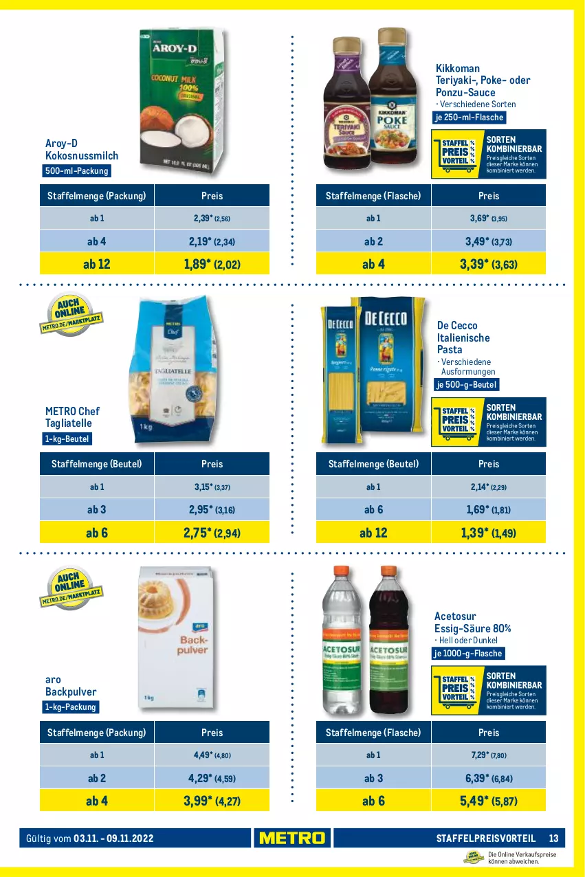 Aktueller Prospekt Metro - Food - von 03.11 bis 09.11.2022 - strona 13 - produkty: aceto, beutel, De Cecco, ecco, eis, elle, essig, flasche, italienische pasta, kikkoman, kokos, kokosnuss, Kokosnussmilch, Metro, milch, nuss, pasta, preisvorteil, reis, sauce, tagliatelle, Ti