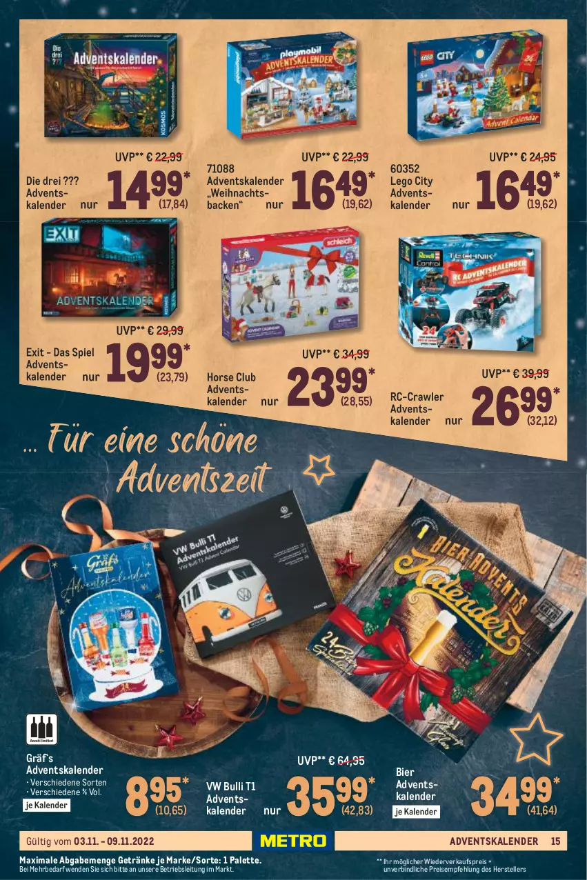 Aktueller Prospekt Metro - Food - von 03.11 bis 09.11.2022 - strona 15 - produkty: Adventskalender, bier, eis, elle, getränk, getränke, LEGO City, Palette, reis, teller, Ti