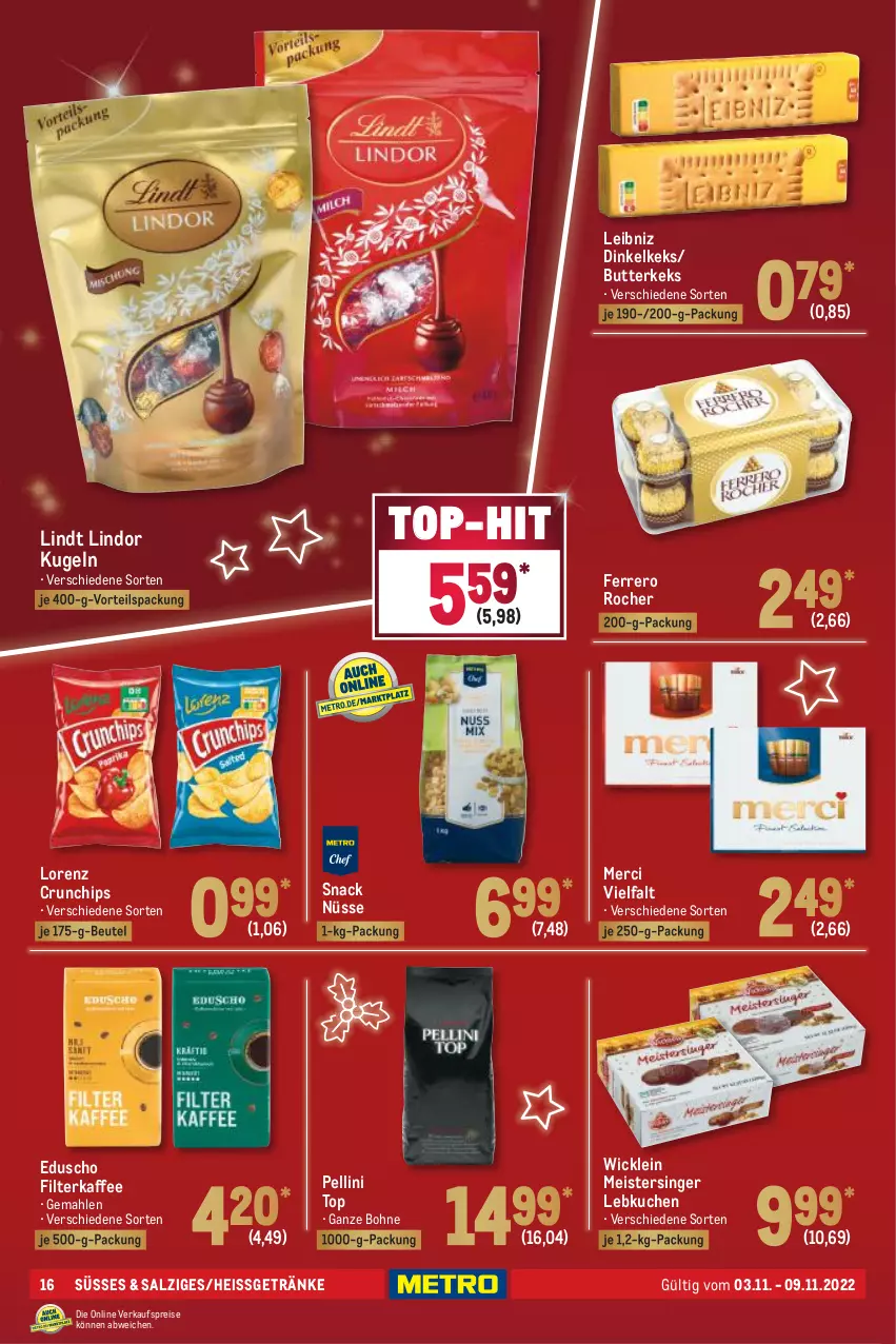 Aktueller Prospekt Metro - Food - von 03.11 bis 09.11.2022 - strona 16 - produkty: beutel, bohne, butter, butterkeks, chips, crunchips, eduscho, eis, ferrero, Ferrero Rocher, filterkaffee, getränk, getränke, je 250-g-packung, kaffee, keks, kuchen, Kugel, Lebkuchen, leibniz, lindor, lindt, lorenz, lorenz crunchips, Meister, merci, reis, salz, snack, Ti, top-hit, WICK