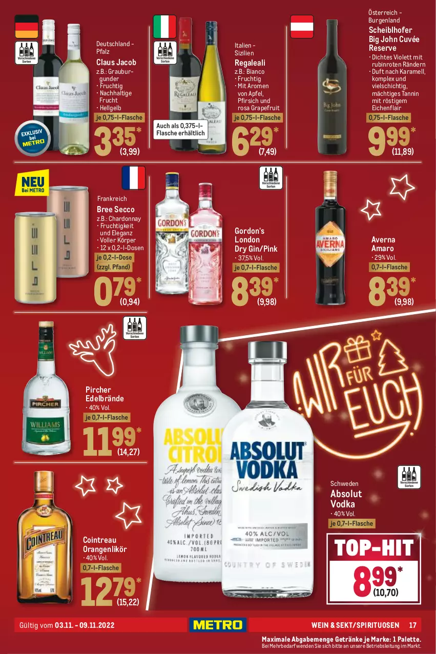 Aktueller Prospekt Metro - Food - von 03.11 bis 09.11.2022 - strona 17 - produkty: Absolut Vodka, amaro, apfel, averna, bree, burgunder, chardonnay, cuvée, dry gin, ecco, flasche, frucht, getränk, getränke, gin, gordon, grapefruit, grauburgunder, karamell, LG, likör, london dry, london dry gin, orange, orangen, Palette, pfirsich, pircher, regal, Rubin, sekt, spirituosen, Ti, top-hit, vodka, wein