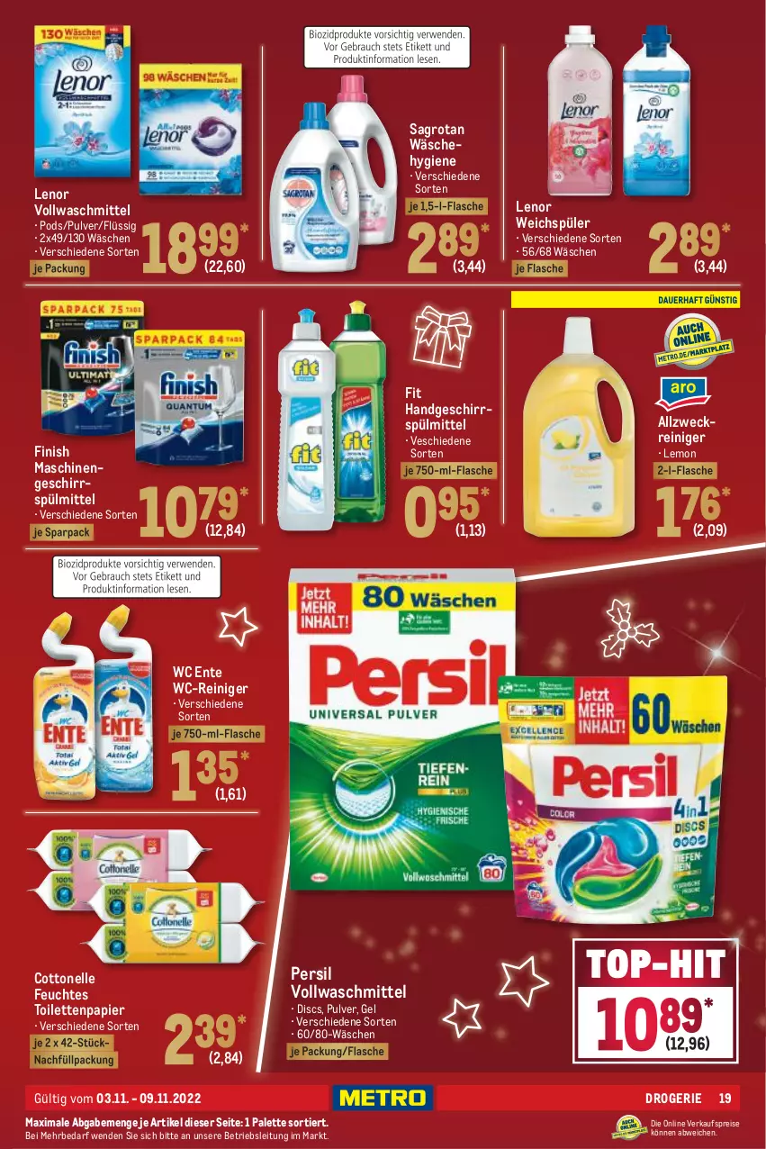 Aktueller Prospekt Metro - Food - von 03.11 bis 09.11.2022 - strona 19 - produkty: allzweckreiniger, cottonelle, eis, elle, ente, feuchtes toilettenpapier, Finish, flasche, geschirr, geschirrspülmittel, lenor, lenor weichspüler, Palette, papier, persil, Pods, reiniger, reis, sagrotan, spülmittel, Ti, toilettenpapier, top-hit, vollwaschmittel, waschmittel, wc ente, wc-reiniger, weck, weichspüler