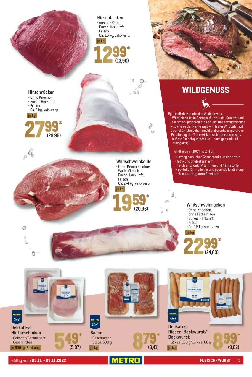 Aktueller Prospekt Metro - Food - von 03.11 bis 09.11.2022 - strona 5 - produkty: bacon, bockwurst, braten, eier, eis, fleisch, hinterschinken, mac, Mode, natur, nuss, schinken, schnitten, schwein, Ti, Tiere, vita, Vitamine, wein, Wild, Wildschwein, wurst