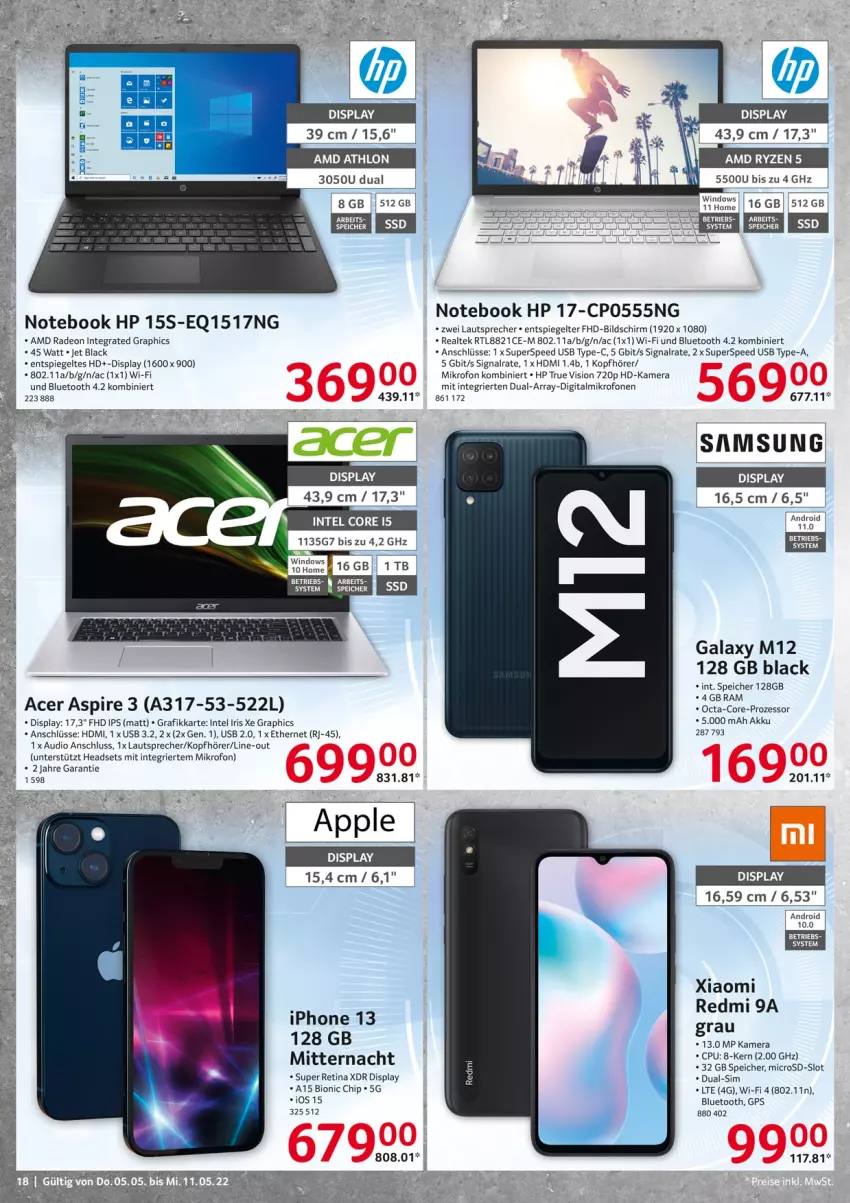 Aktueller Prospekt Selgros - Nonfood - von 05.05 bis 11.05.2022 - strona 18 - produkty: acer, akku, AMD Radeon, Apple, bio, deo, dual-sim, erde, GPS, HDMI, Headset, HP, Intel, iphone, IPhone 13, kamera, kopfhörer, lack, lautsprecher, microsd, notebook, radeon, Samsung, Signal, sim, spee, spiegel, Ti, usb