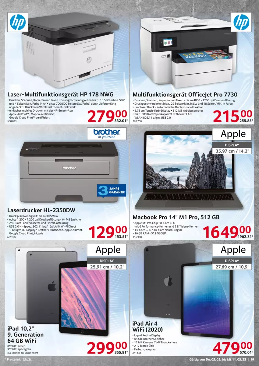 Aktueller Prospekt Selgros - Nonfood - von 05.05 bis 11.05.2022 - strona 19 - produkty: Apple, auto, axe, bio, brot, brother, drucker, frontkamera, gin, HP, ipad, ipad air, kamera, Laserdrucker, latte, mac, macbook, macbook pro, office, OfficeJet, papier, rel, Ria, rum, spee, ssd, Ti, Tiere, tisch, usb, Yo