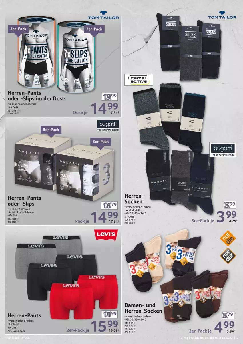 Aktueller Prospekt Selgros - Nonfood - von 05.05 bis 11.05.2022 - strona 9 - produkty: Bau, baumwolle, dell, eis, elle, herren-pants, herren-socken, Mode, Pants, slip, slips, socken, Ti, tom tailor, wolle