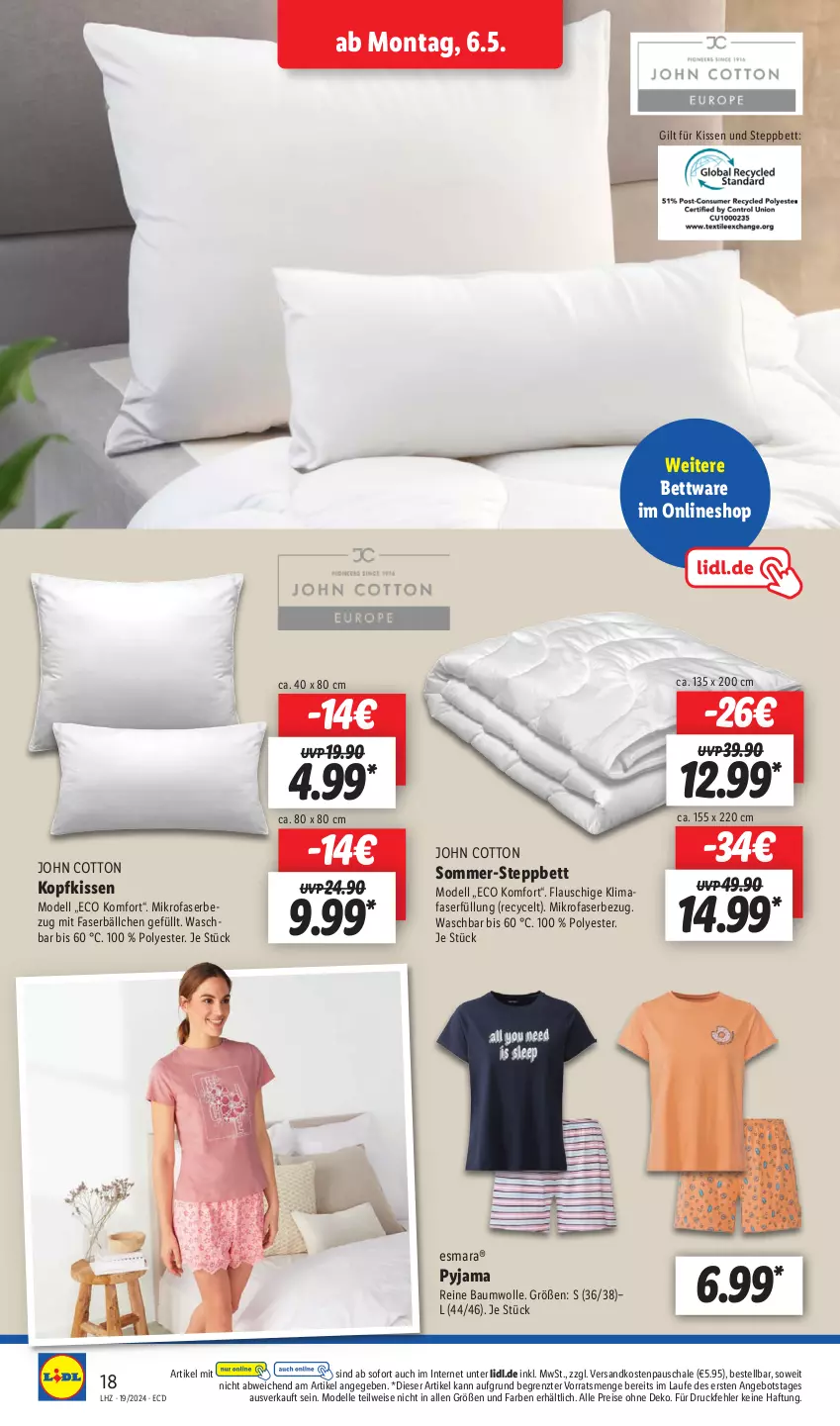 Aktueller Prospekt Lidl - Aktionsprospekt - von 06.05 bis 11.05.2024 - strona 20 - produkty: angebot, Bau, baumwolle, bett, dell, eis, elle, esmara, kissen, kopfkissen, mikrofaser, Mode, ndk, Pyjama, reine baumwolle, reis, Schal, Schale, steppbett, Ti, wolle, ZTE