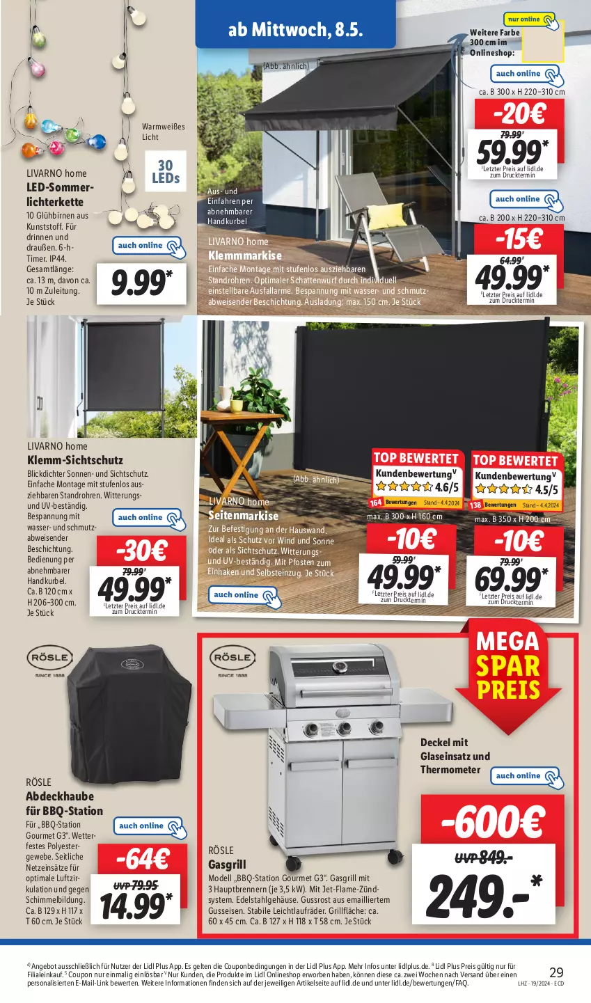 Aktueller Prospekt Lidl - Aktionsprospekt - von 06.05 bis 11.05.2024 - strona 31 - produkty: abdeckhaube, angebot, Birnen, coupon, decke, Deckel, dell, edelstahl, eis, gasgrill, grill, grillfläche, Kette, Klemmmarkise, laufräder, leds, LG, lichterkette, merl, Mode, ndk, Persona, reis, rösle, Seitenmarkise, thermometer, Ti, timer, wasser, ZTE