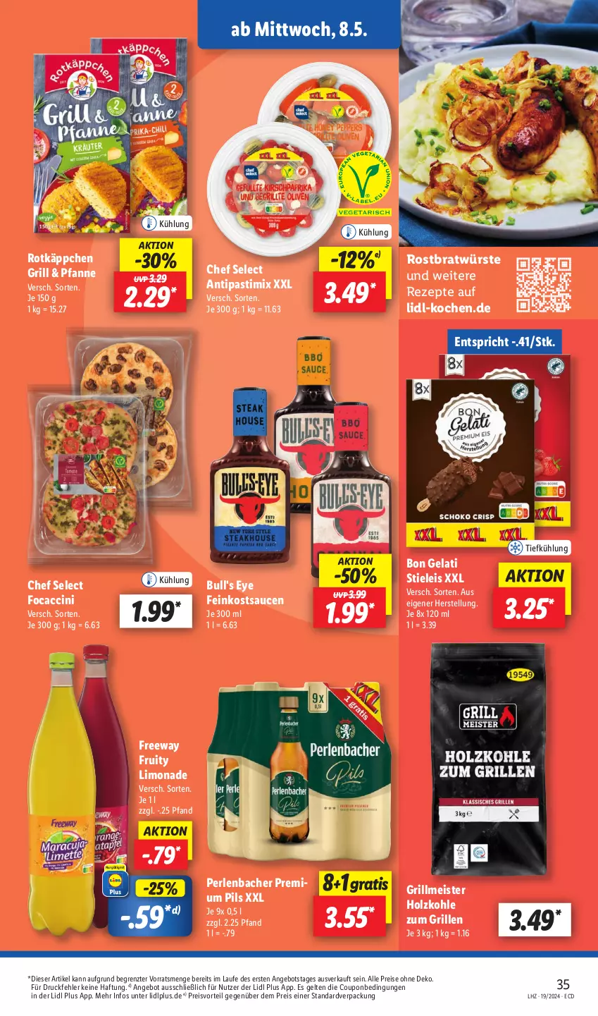 Aktueller Prospekt Lidl - Aktionsprospekt - von 06.05 bis 11.05.2024 - strona 39 - produkty: ACC, angebot, antipasti, asti, Bon Gelati, cin, coupon, eis, feinkost, grill, Holz, holzkohle, limo, limonade, Meister, perlen, pfanne, pils, preisvorteil, premium pils, reis, rezept, rezepte, rotkäppchen, sauce, saucen, stieleis, Ti, ZTE