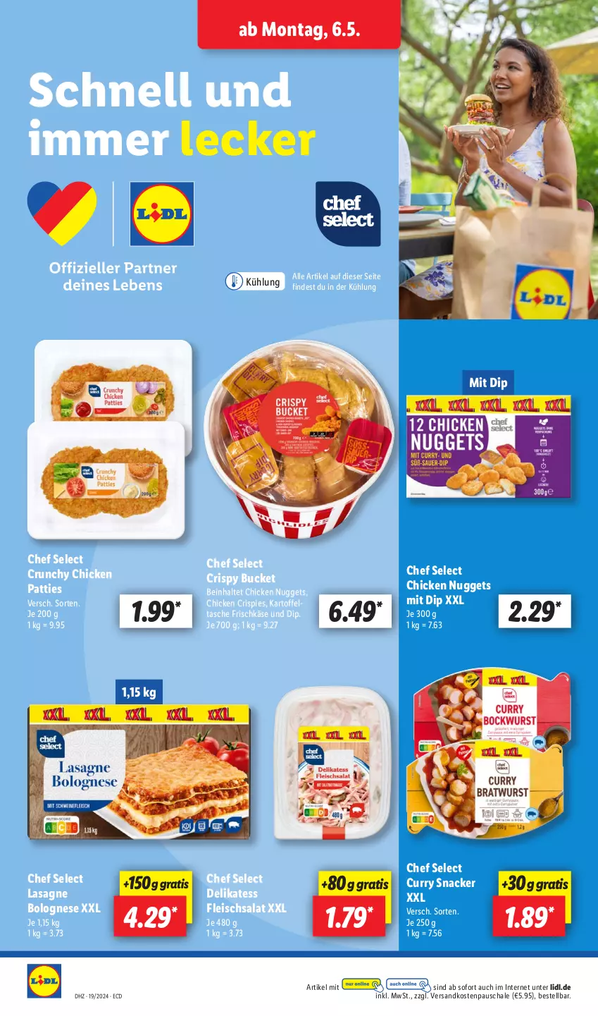 Aktueller Prospekt Lidl - Aktionsprospekt - von 06.05 bis 11.05.2024 - strona 42 - produkty: bolognese, chicken nuggets, curry, dip, eis, fleisch, fleischsalat, frischkäse, kartoffel, Käse, lasagne, ndk, nuggets, salat, Schal, Schale, snack, Tasche, Ti