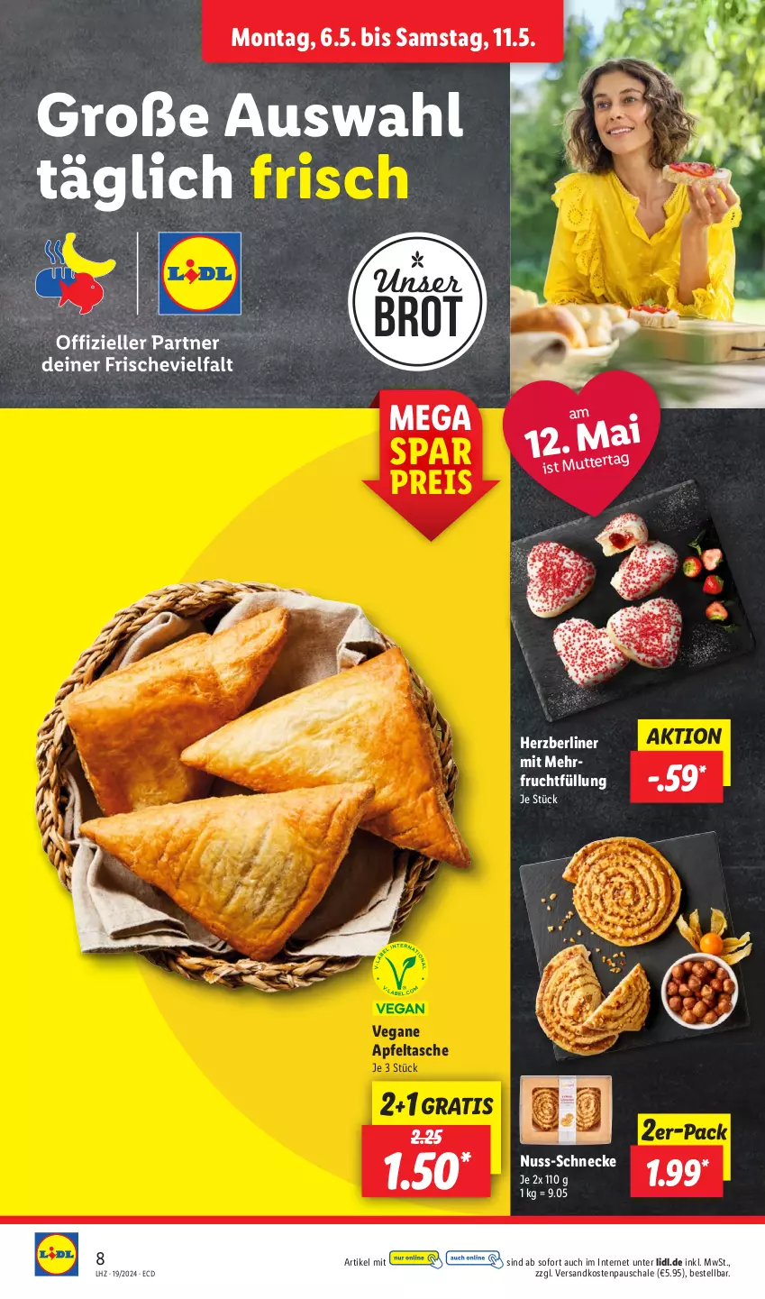 Aktueller Prospekt Lidl - Aktionsprospekt - von 06.05 bis 11.05.2024 - strona 8 - produkty: apfel, Apfeltasche, berliner, brot, eis, frucht, ndk, nuss, reis, Schal, Schale, Tasche, Ti