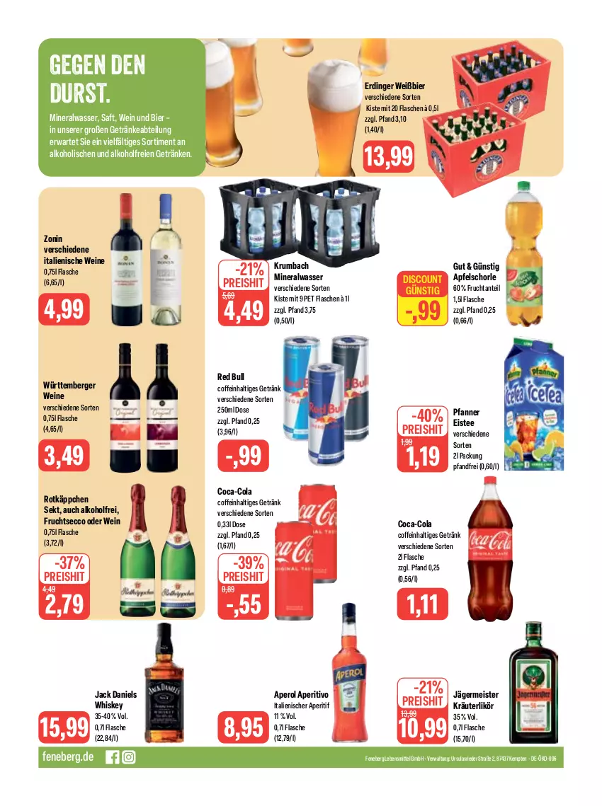 Aktueller Prospekt Feneberg - Prospekte - von 22.06 bis 24.06.2023 - strona 12 - produkty: Abtei, alkohol, Alwa, aperitif, aperol, apfel, Apfelschorle, Berger, bier, coca-cola, coffein, cola, discount, ecco, eis, eistee, erdinger, flasche, frucht, fruchtsecco, Germ, getränk, getränke, jack daniel, jack daniels, jägermeister, kräuter, kräuterlikör, krumbach, lebensmittel, likör, Meister, mineralwasser, pfanne, Pfanner, red bull, reis, rotkäppchen, rum, saft, schorle, sekt, tee, Ti, wasser, wein, weine, whiskey, zonin