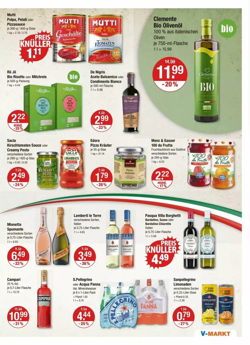 Aktueller Prospekt Vmarkt - Prospekte - von 31.05 bis 05.06.2024 - strona 11 - produkty: aceto, aceto balsamico, Alwa, Amber, aufstrich, balsam, balsamico, bio, campari, chia, condimento, Condimento Bianco, eis, elle, flasche, frucht, fruchtaufstrich, kirsch, kräuter, limo, limonade, limonaden, milch, milchreis, mineralwasser, mionetto, Mutti, olive, oliven, olivenöl, pesto, pizza, puma, reis, risotto, sac, sanpellegrino, sauce, spumante, Ti, tomate, tomaten, wasser