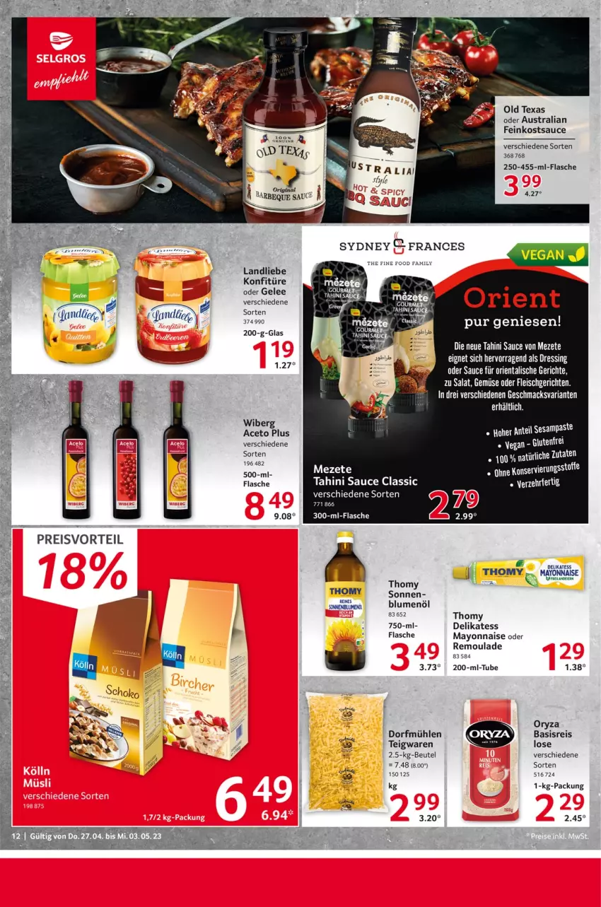 Aktueller Prospekt Selgros - Food - von 27.04 bis 03.05.2023 - strona 12 - produkty: aceto, aust, beutel, blume, blumen, blumenöl, eis, feinkost, flasche, gelee, konfitüre, landliebe, mac, mayonnaise, reis, remoulade, Ria, sauce, sesam, teigwaren, thomy, Ti, Yo