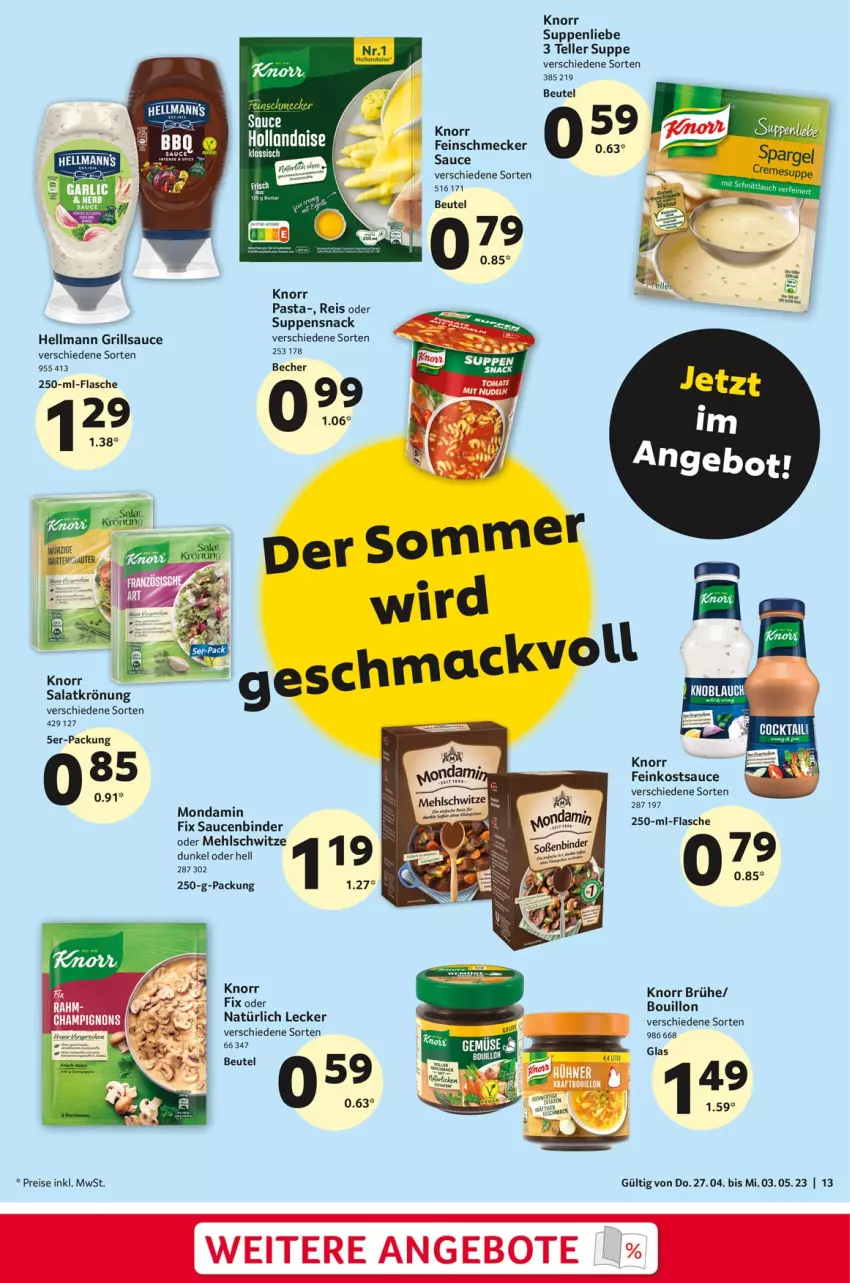 Aktueller Prospekt Selgros - Food - von 27.04 bis 03.05.2023 - strona 13 - produkty: angebot, angebote, Becher, beutel, Brühe, eis, elle, feinkost, feinschmecker, flasche, grill, grillsauce, hollandaise, knorr, knorr pasta, mehl, mondamin, pasta, reis, salat, salatkrönung, sauce, saucen, snack, suppe, suppen, suppenliebe, teller, Ti