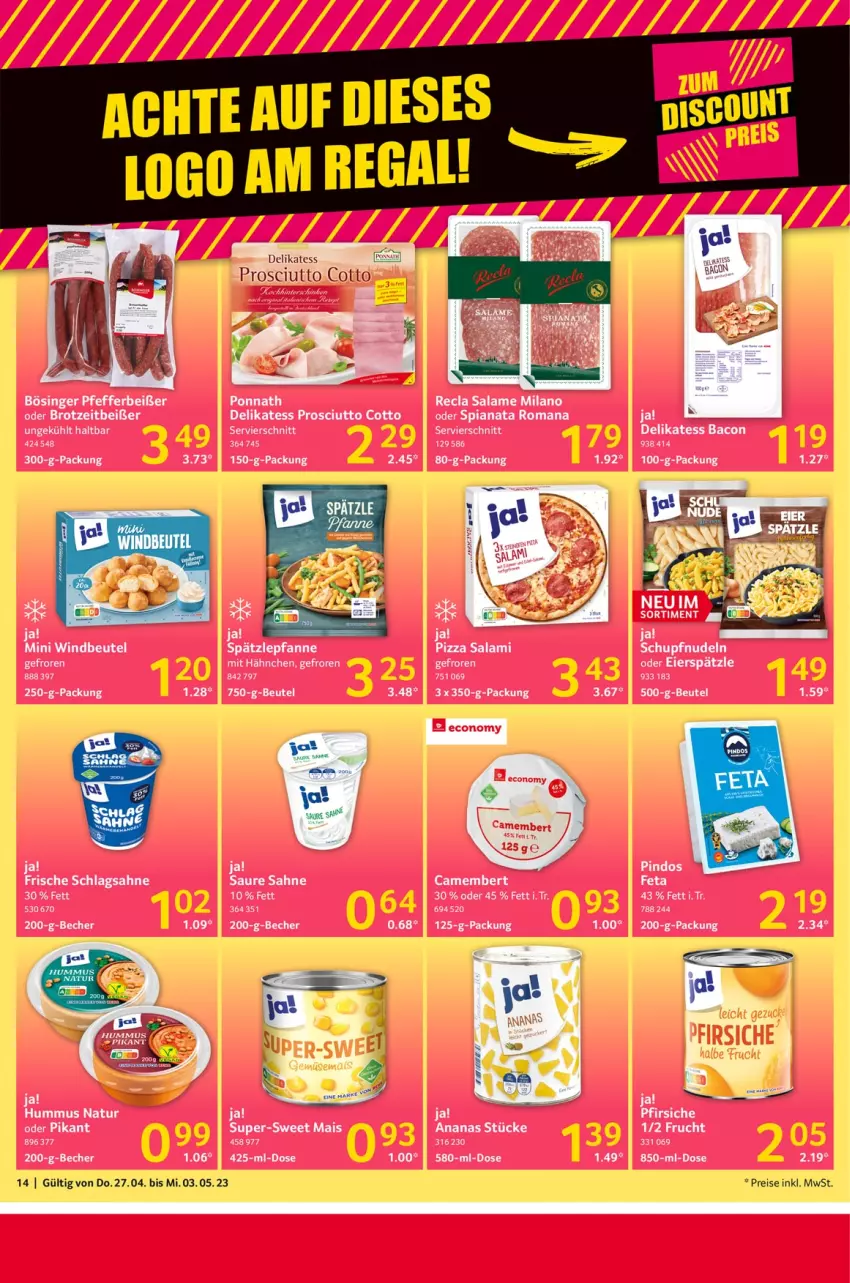 Aktueller Prospekt Selgros - Food - von 27.04 bis 03.05.2023 - strona 14 - produkty: ananas, bacon, Becher, beutel, brot, eier, eierspätzle, eis, feta, frucht, hummus, mais, natur, nudel, nudeln, pfanne, pizza, ponnath, prosciutto, prosciutto cotto, reis, sahne, salami, schlagsahne, Ti, Windbeutel